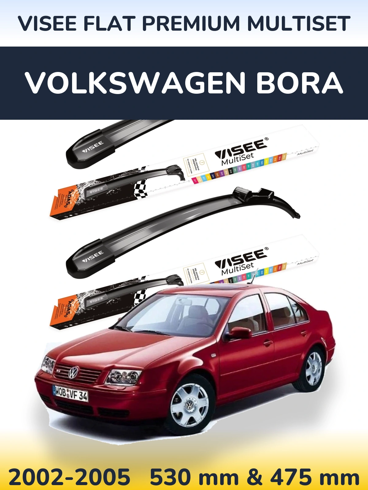 Komplet przednich wycieraczek VISEE FLAT PREMIUM MultiSet 530 & 475 mm do Volkswagen Bora 2002-2005
