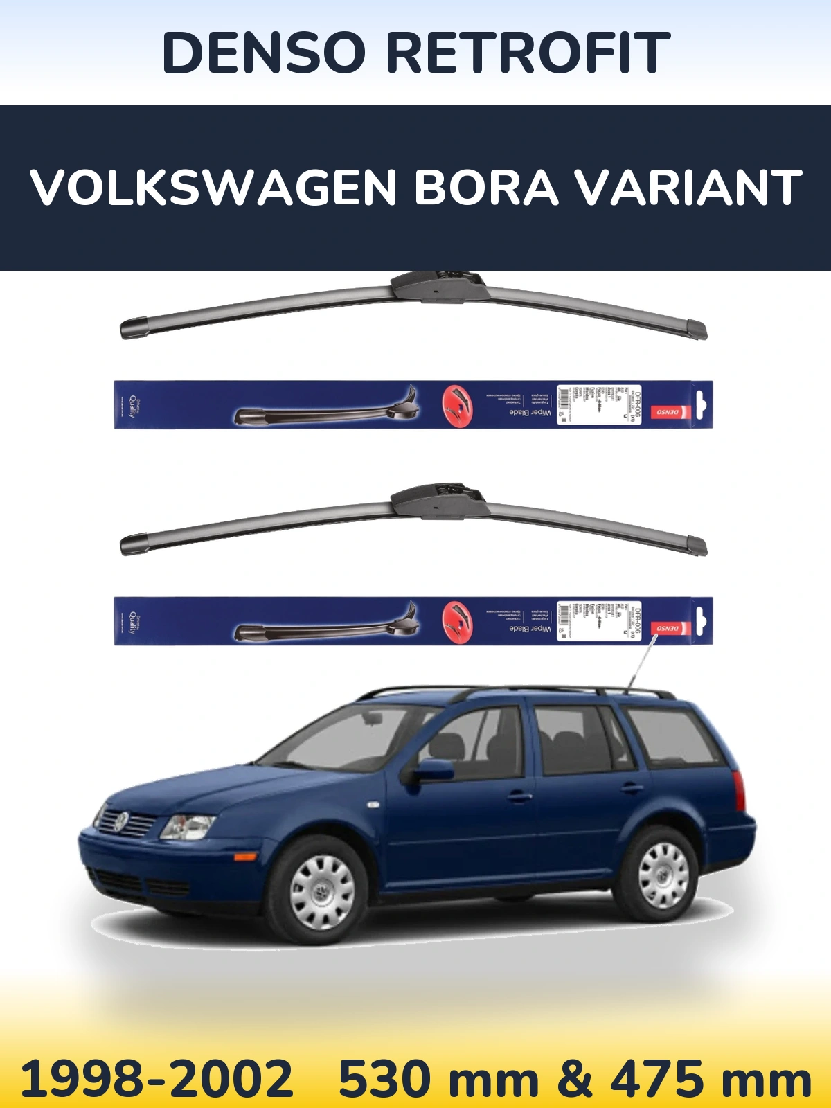 Front wiper blade set Denso Retrofit 530 & 475 mm for Volkswagen Bora Variant 1998-2002