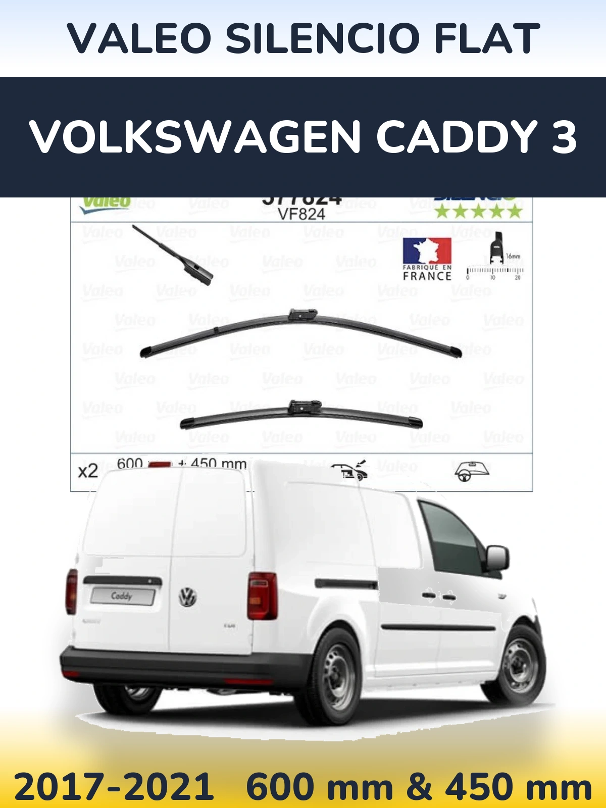 Front wiper blade set Valeo Silencio Flat 600 & 450 мм for Volkswagen Caddy 3 2017-2021