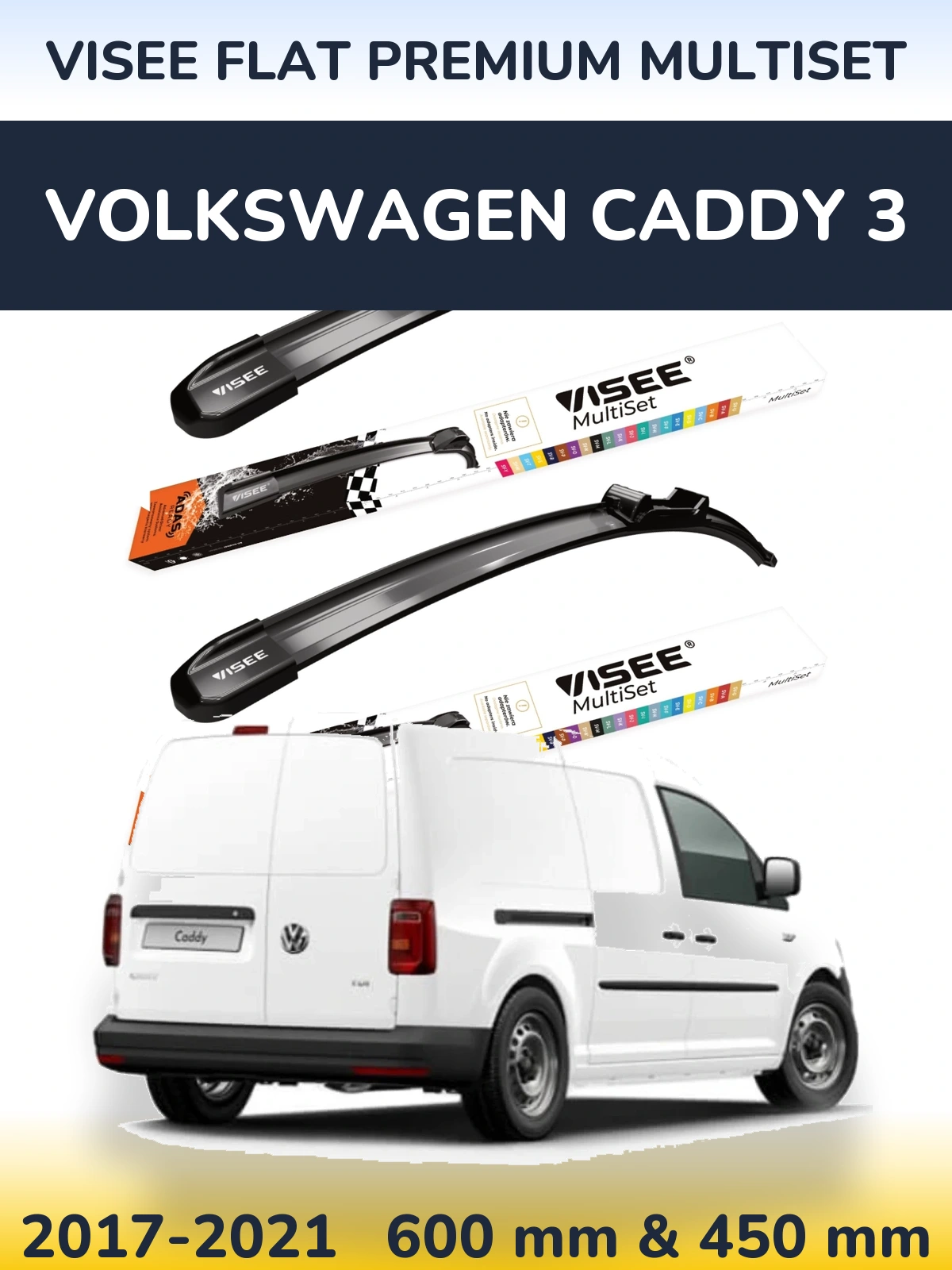 Front wiper blade set VISEE FLAT PREMIUM MultiSet 600 & 450 mm for Volkswagen Caddy 3 2017-2021