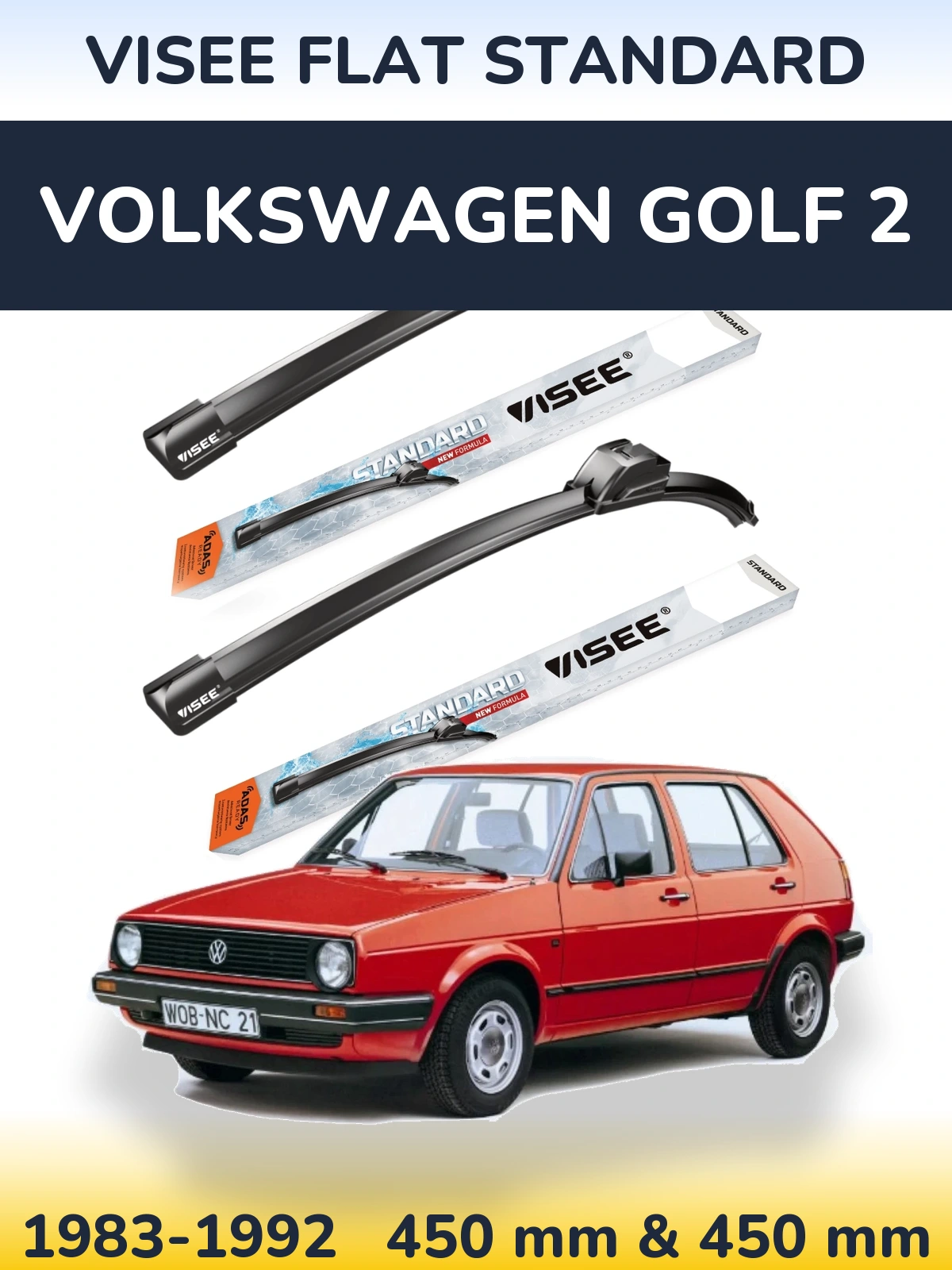 Front wiper blade set VISEE FLAT STANDARD 450 & 450 mm for Volkswagen Golf 2 1983-1992