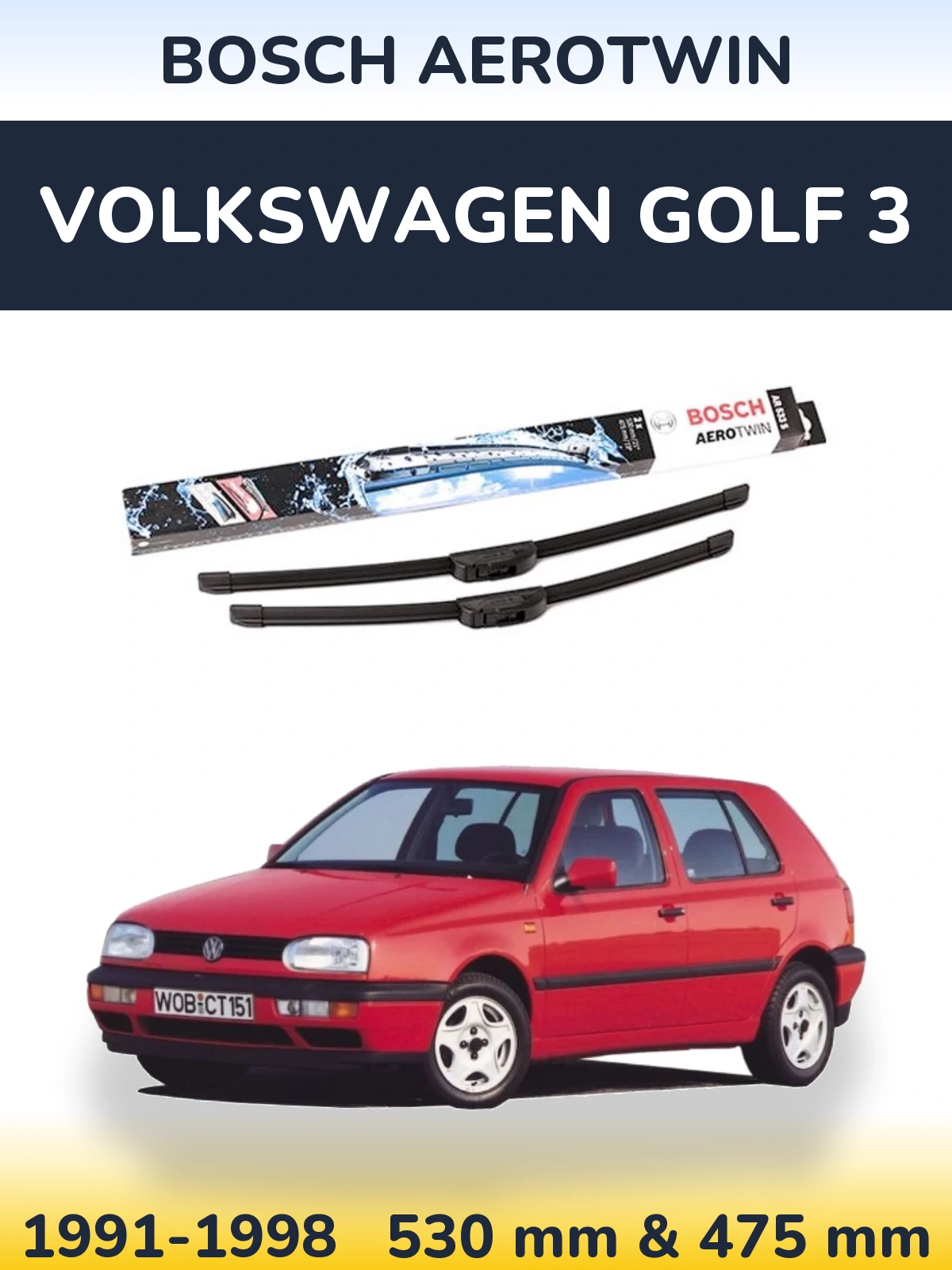 Front wiper blade set BOSCH AeroTwin 530 & 475 мм for Volkswagen Golf 3 1991-1998