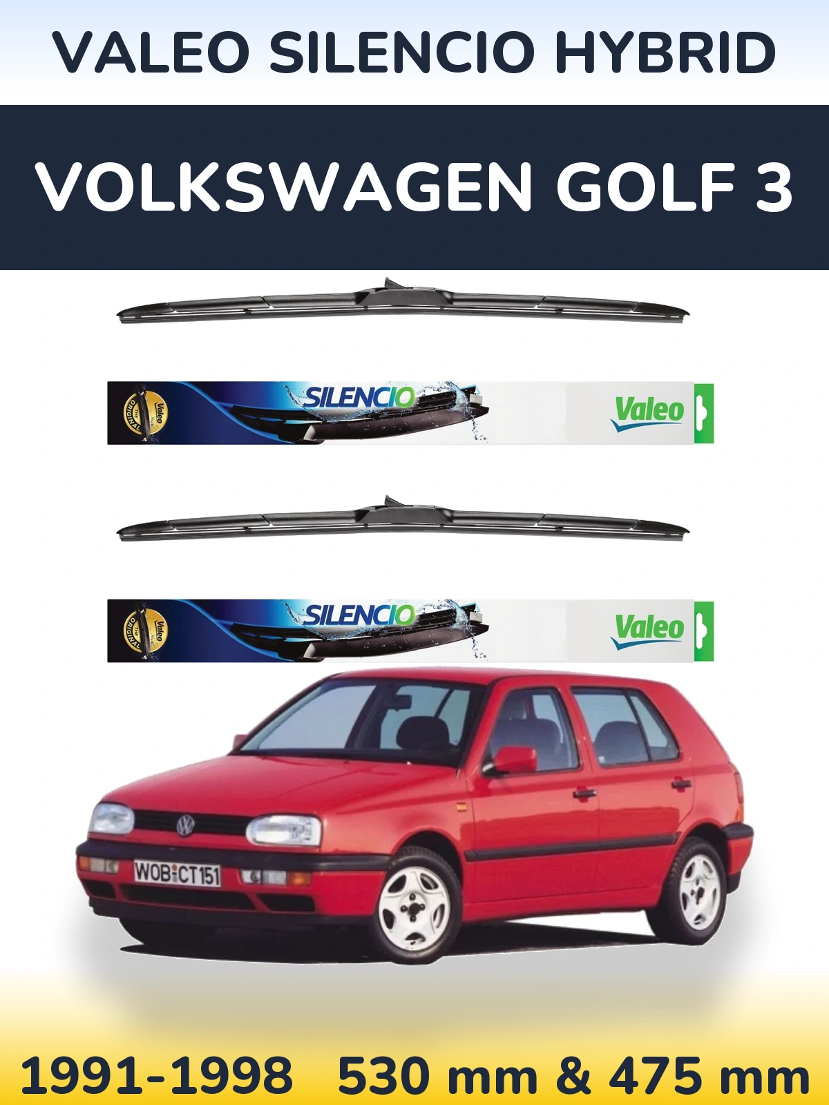 Комплект передніх щіток Valeo Silencio Hybrid 530 & 475 мм для Volkswagen Golf 3 1991-1998