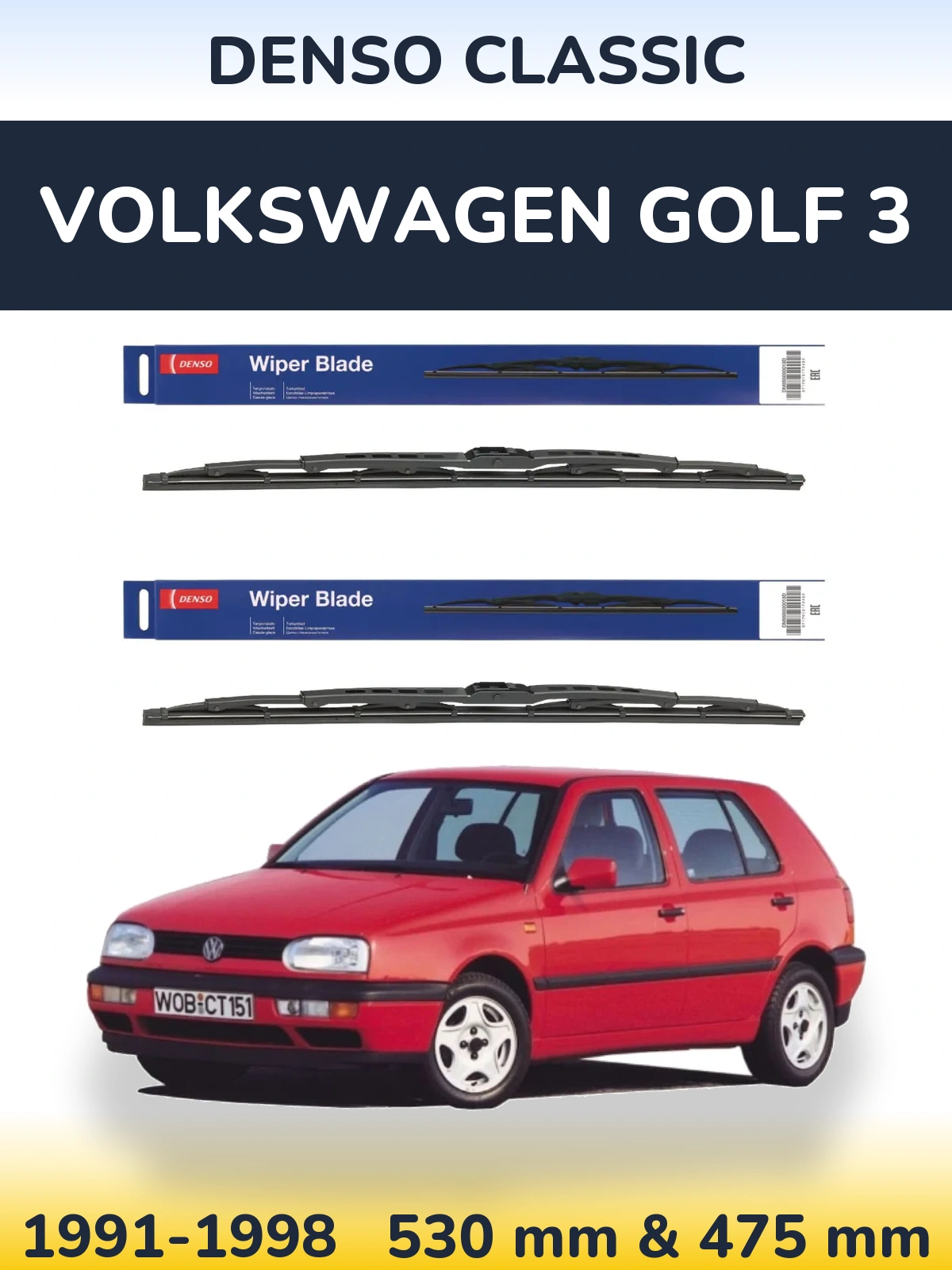 Front wiper blade set Denso Classic 530 & 475 мм for Volkswagen Golf 3 1991-1998