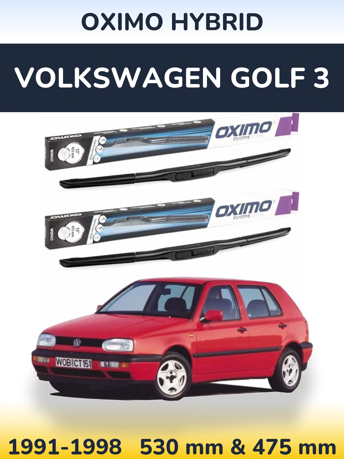 Front wiper blade set Oximo Hybrid 530 & 475 мм for Volkswagen Golf 3 1991-1998