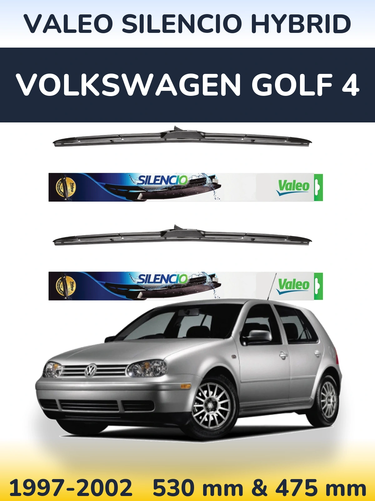 Front wiper blade set Valeo Silencio Hybrid 530 & 475 мм for Volkswagen Golf 4 1997-2002