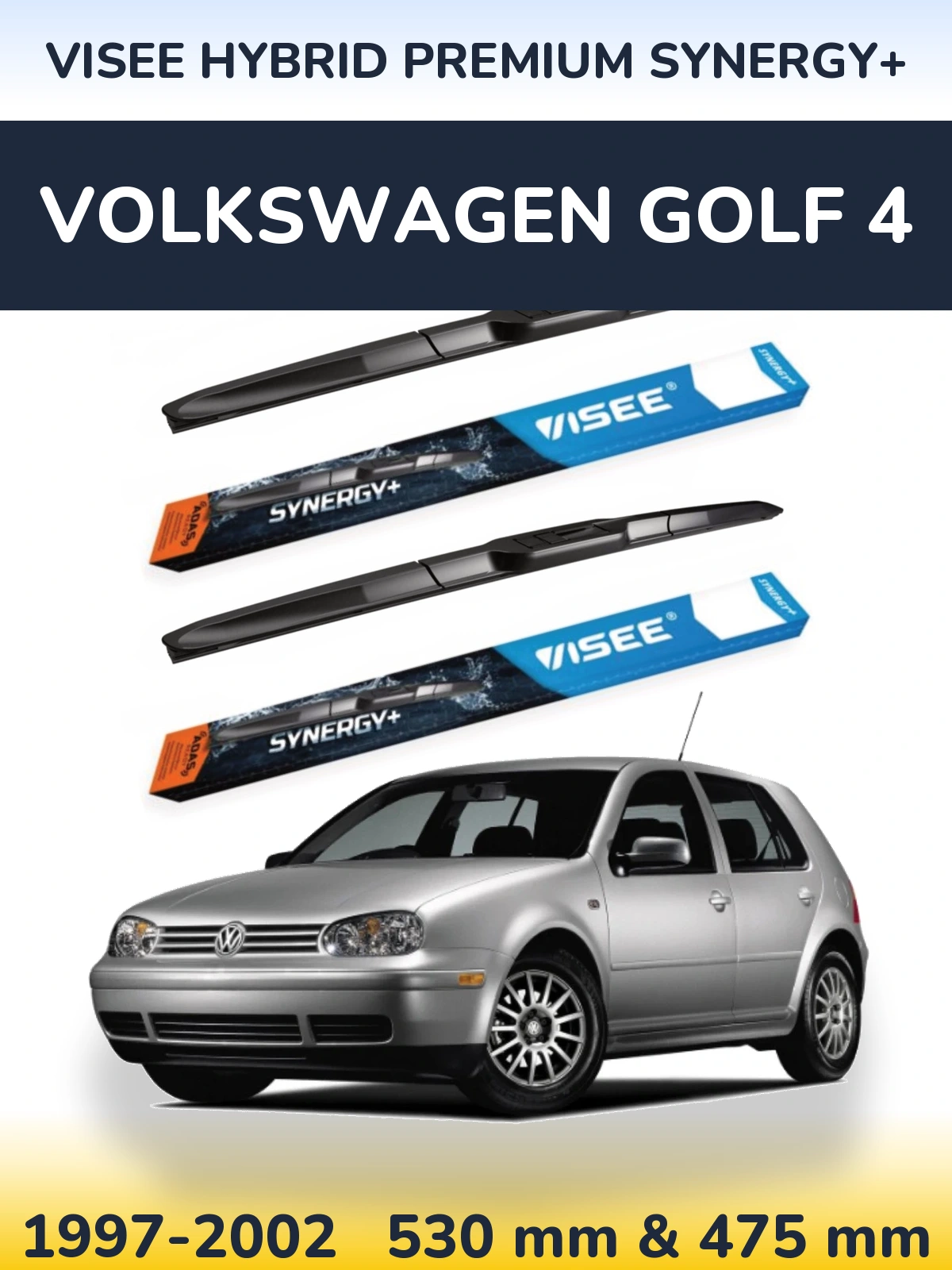 Front wiper blade set VISEE HYBRID PREMIUM SYNERGY+ 530 & 475 мм for Volkswagen Golf 4 1997-2002