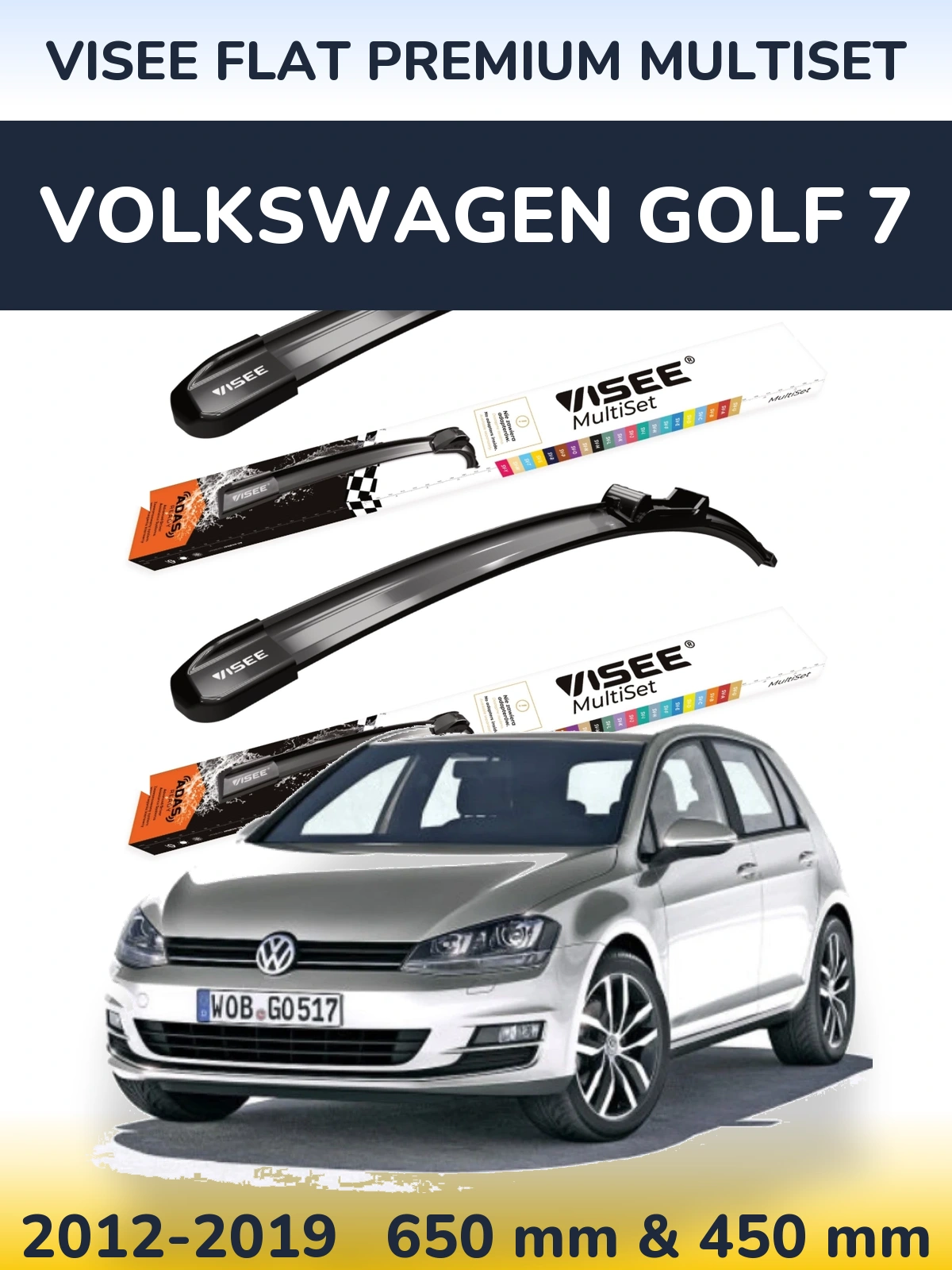 Комплект передніх щіток VISEE FLAT PREMIUM MultiSet 650 & 450 мм для Volkswagen Golf 7 2012-2019