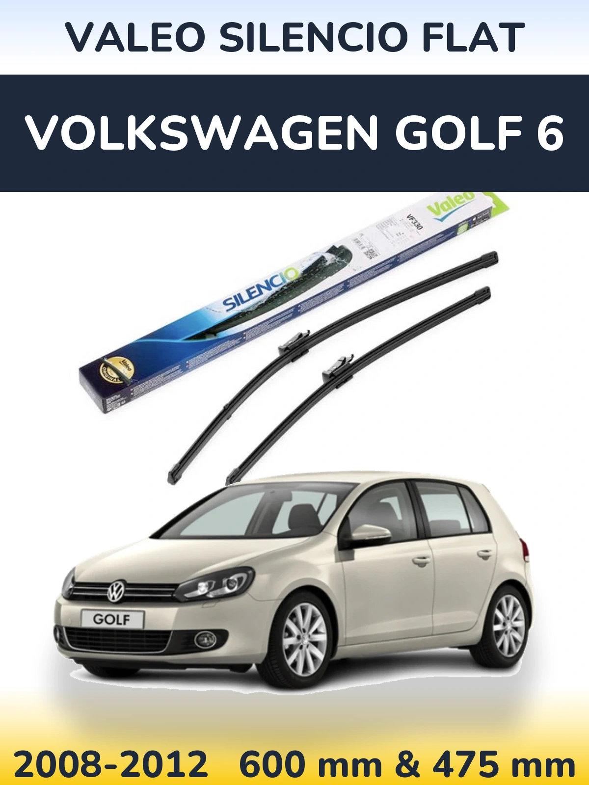 Front wiper blade set Valeo Silencio Flat 600 & 475 мм for Volkswagen Golf 6 2008-2012