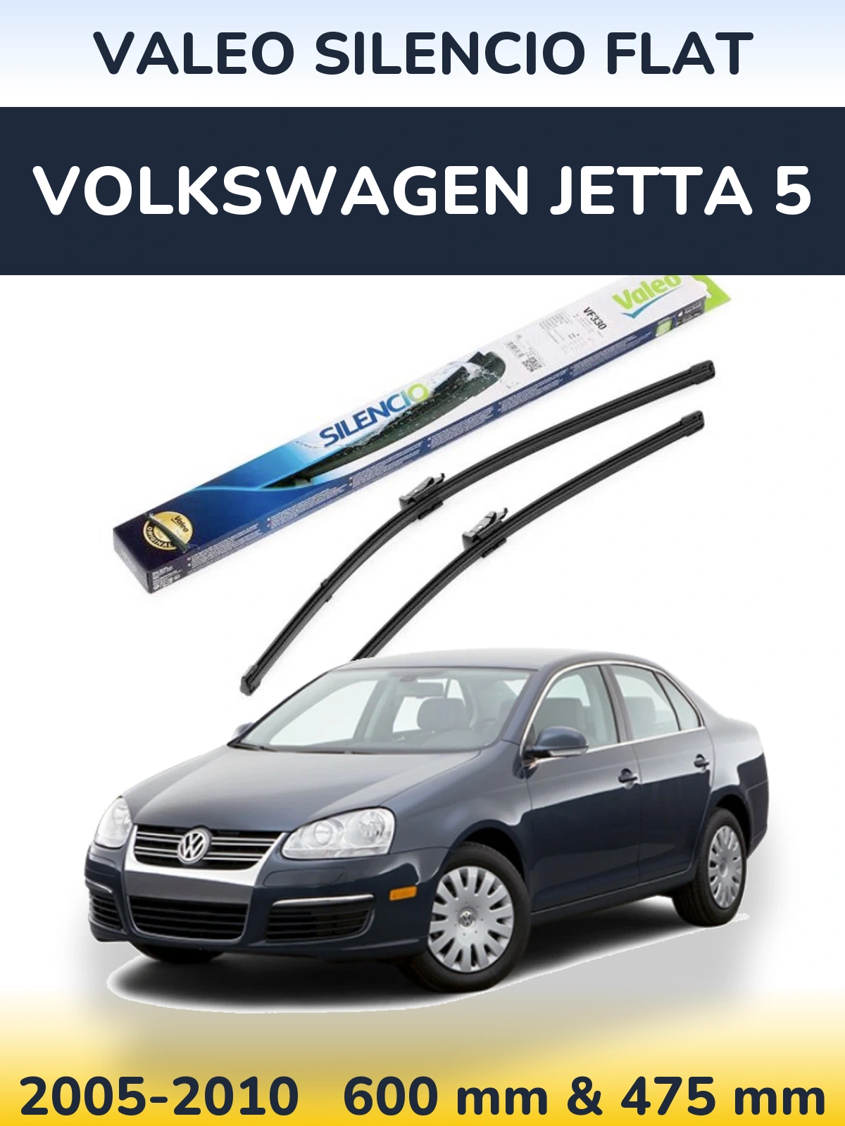 Front wiper blade set Valeo Silencio Flat 600 & 475 мм for Volkswagen Jetta 5 2005-2010