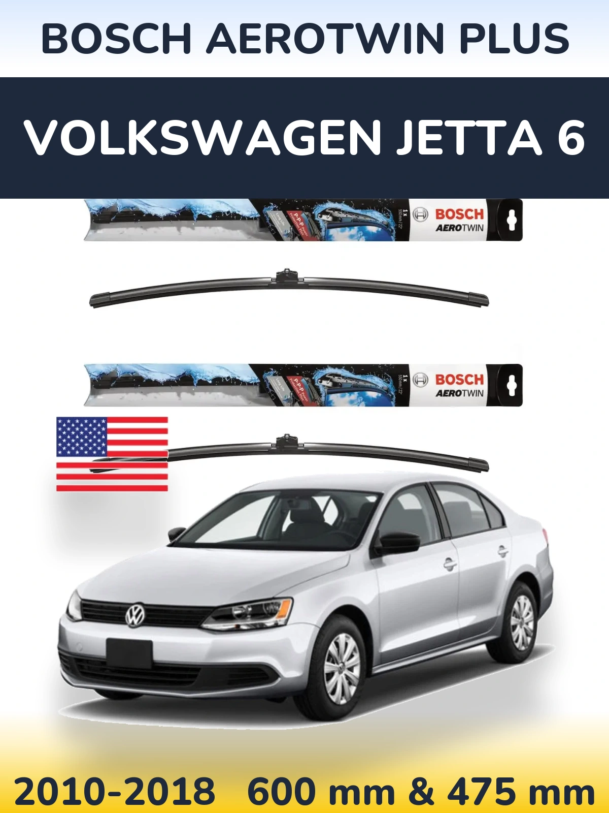 Front wiper blade set BOSCH AeroTwin Plus 600 & 475 мм for Volkswagen Jetta 6 2010-2018