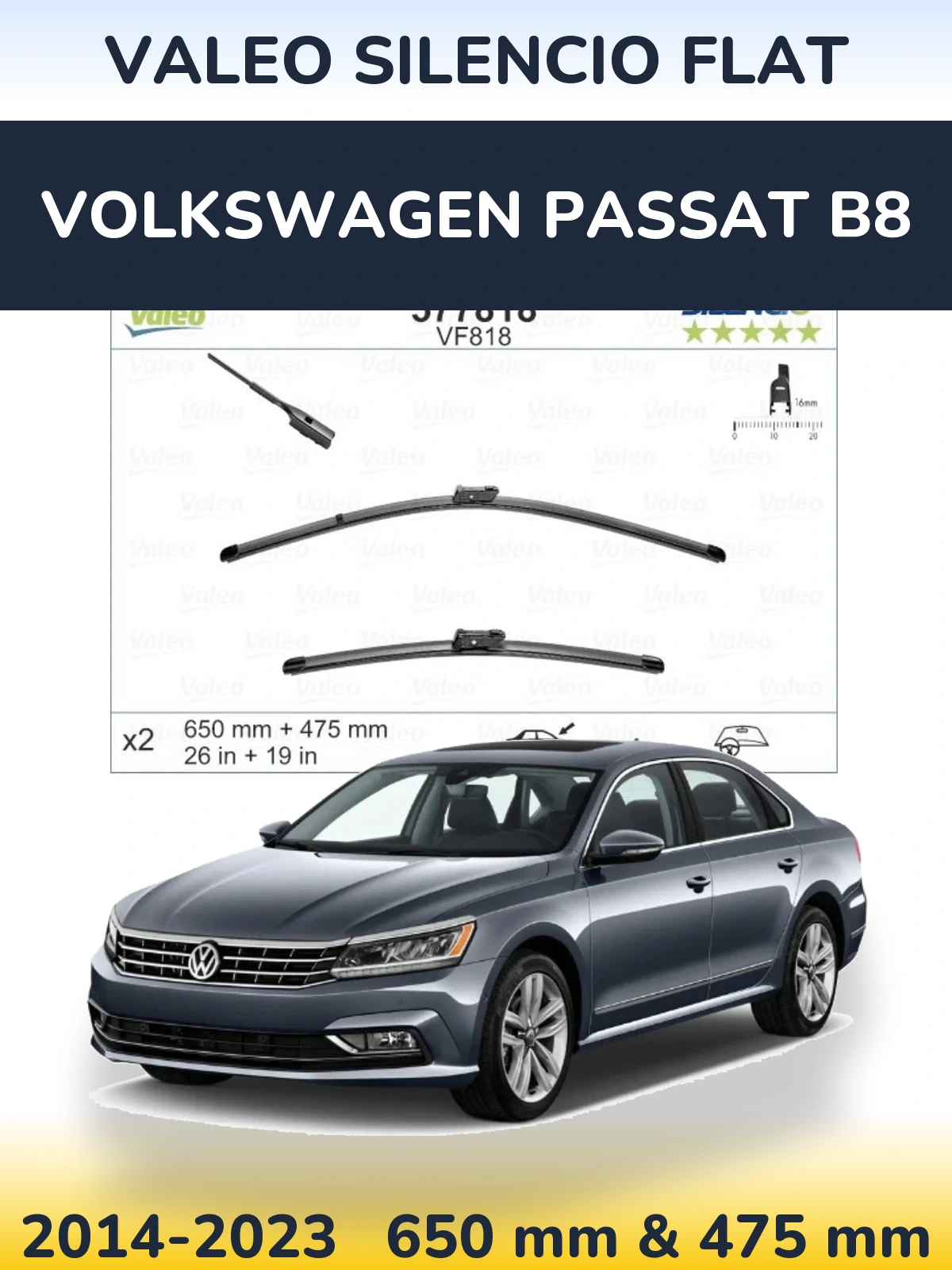 Front wiper blade set Valeo Silencio Flat 650 & 475 мм for Volkswagen Passat B8 2014-2023