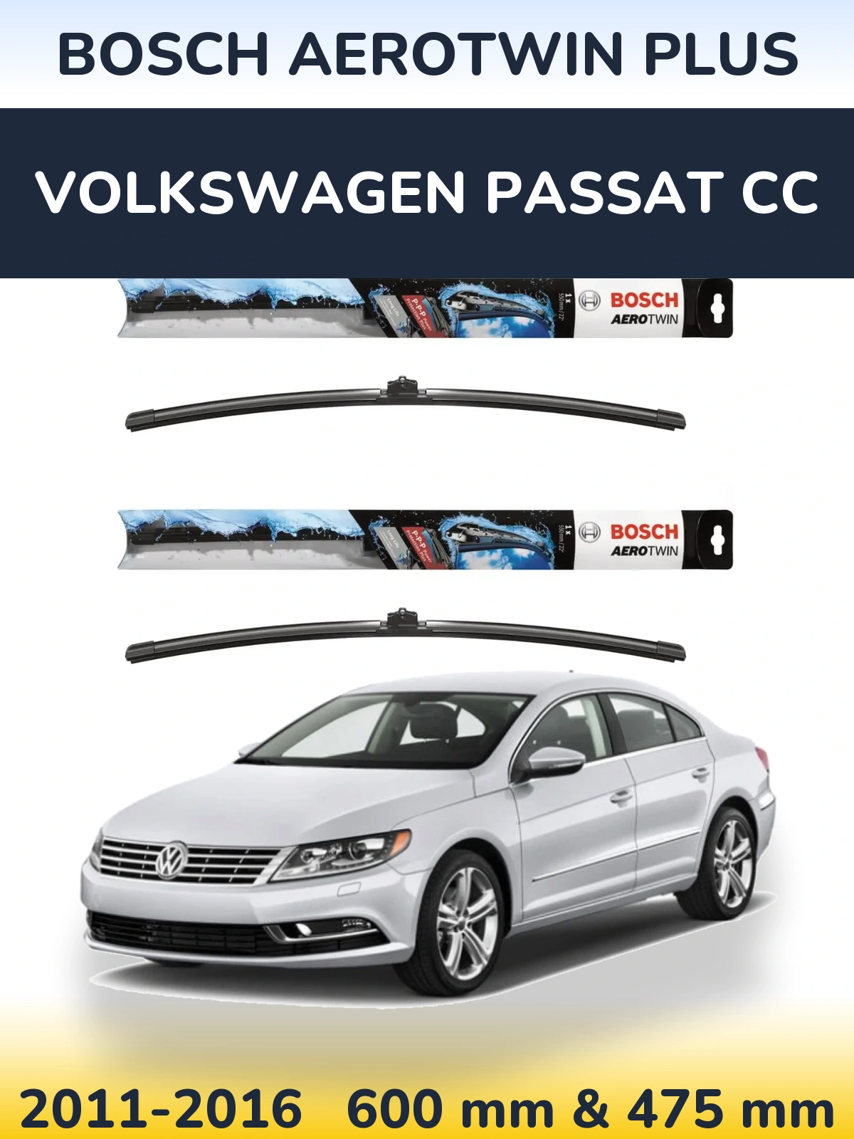 Front wiper blade set BOSCH AeroTwin Plus 600 & 475 мм for Volkswagen Passat CC 2011-2016