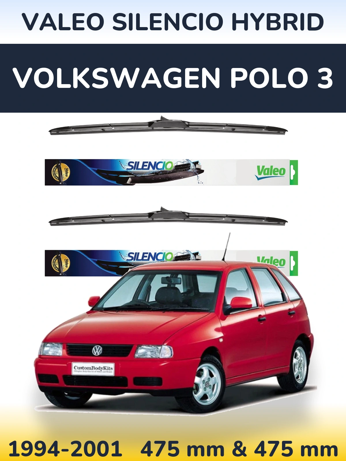 Front wiper blade set Valeo Silencio Hybrid 475 & 475 мм for Volkswagen Polo 3 1994-2001