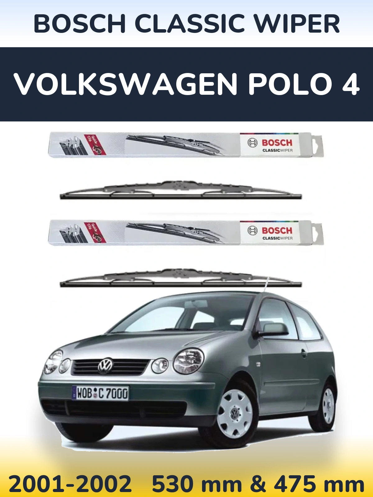 Комплект передних дворников BOSCH Classic Wiper 530 & 475 мм для Volkswagen Polo 4 2001-2002