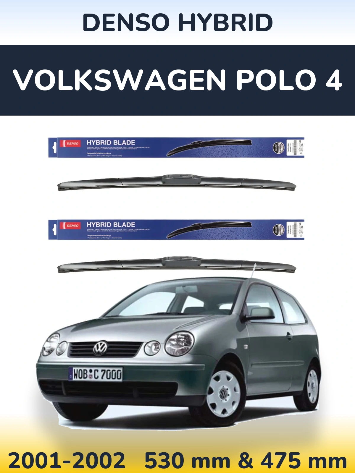 Front wiper blade set Denso Hybrid 530 & 475 мм for Volkswagen Polo 4 2001-2002
