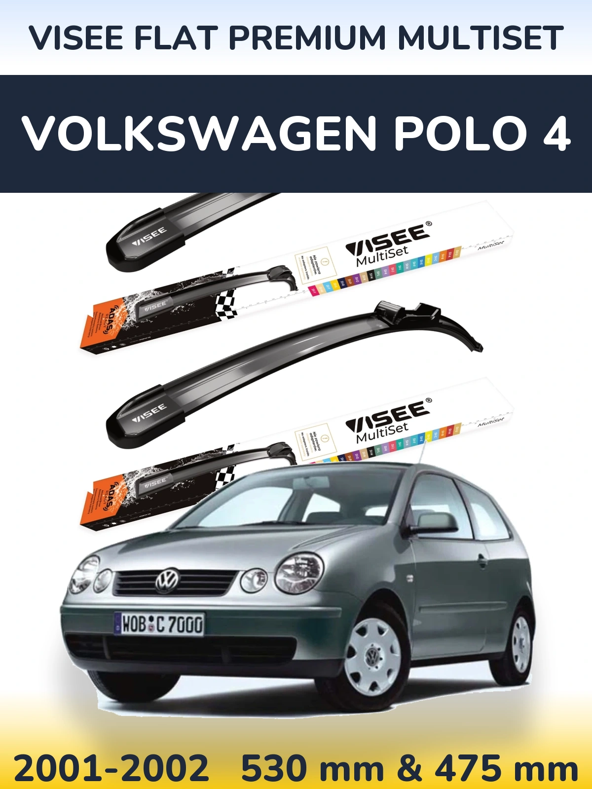 Front wiper blade set VISEE FLAT PREMIUM MultiSet 530 & 475 мм for Volkswagen Polo 4 2001-2002