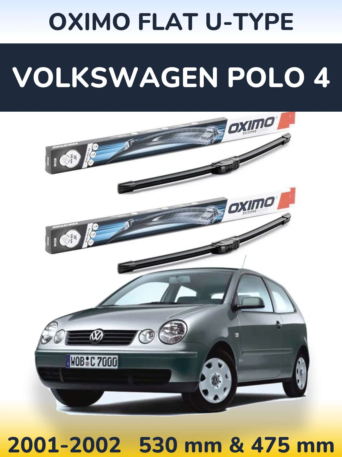 Комплект передних дворников Oximo Flat U-type 530 & 475 мм для Volkswagen Polo 4 2001-2002