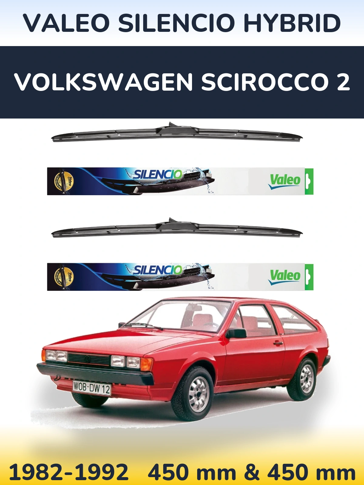 Front wiper blade set Valeo Silencio Hybrid 450 & 450 mm for Volkswagen Scirocco 2 1982-1992