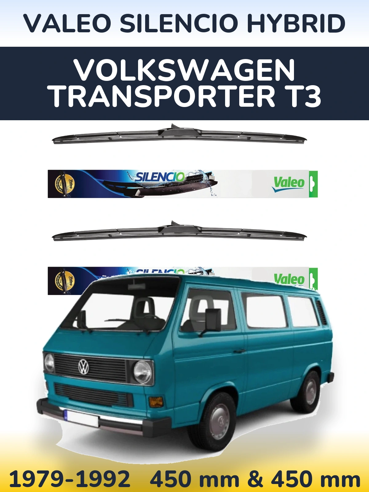 Front wiper blade set Valeo Silencio Hybrid 450 & 450 мм for Volkswagen Transporter T3 1979-1992