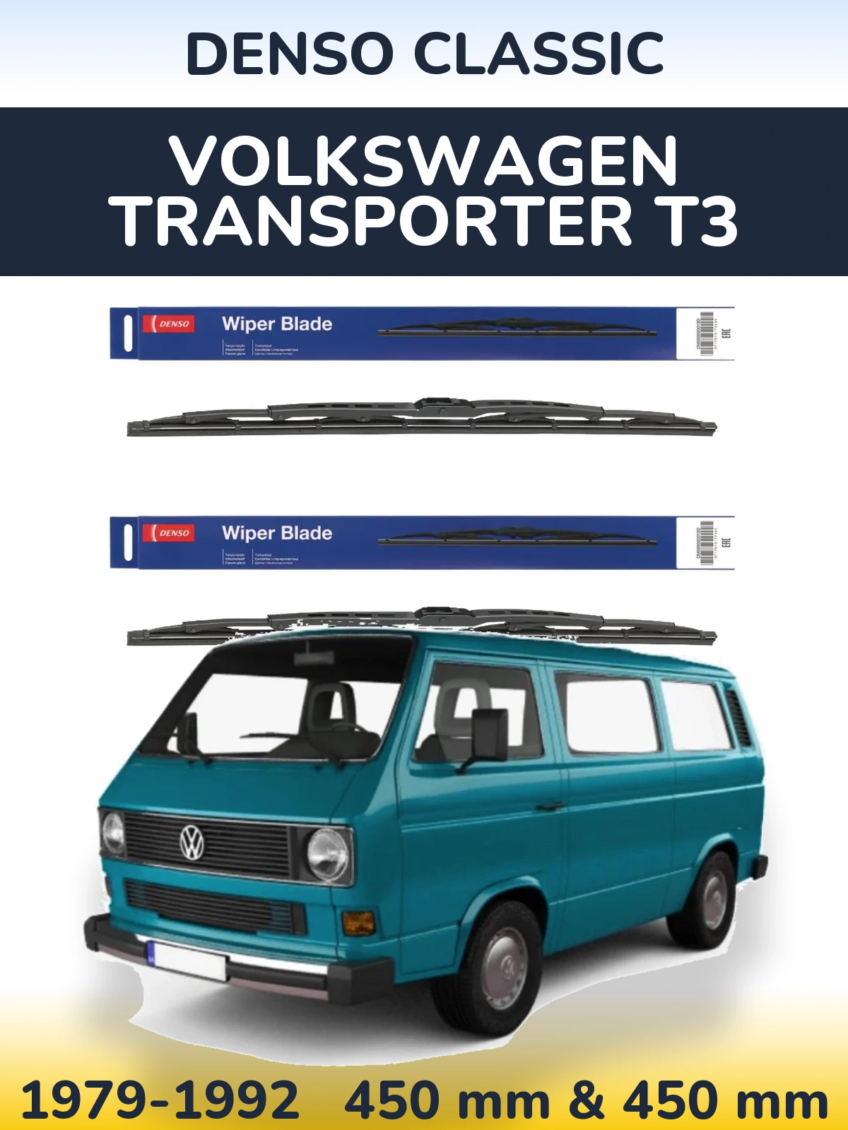 Front wiper blade set Denso Classic 450 & 450 mm for Volkswagen Transporter T3 1979-1992