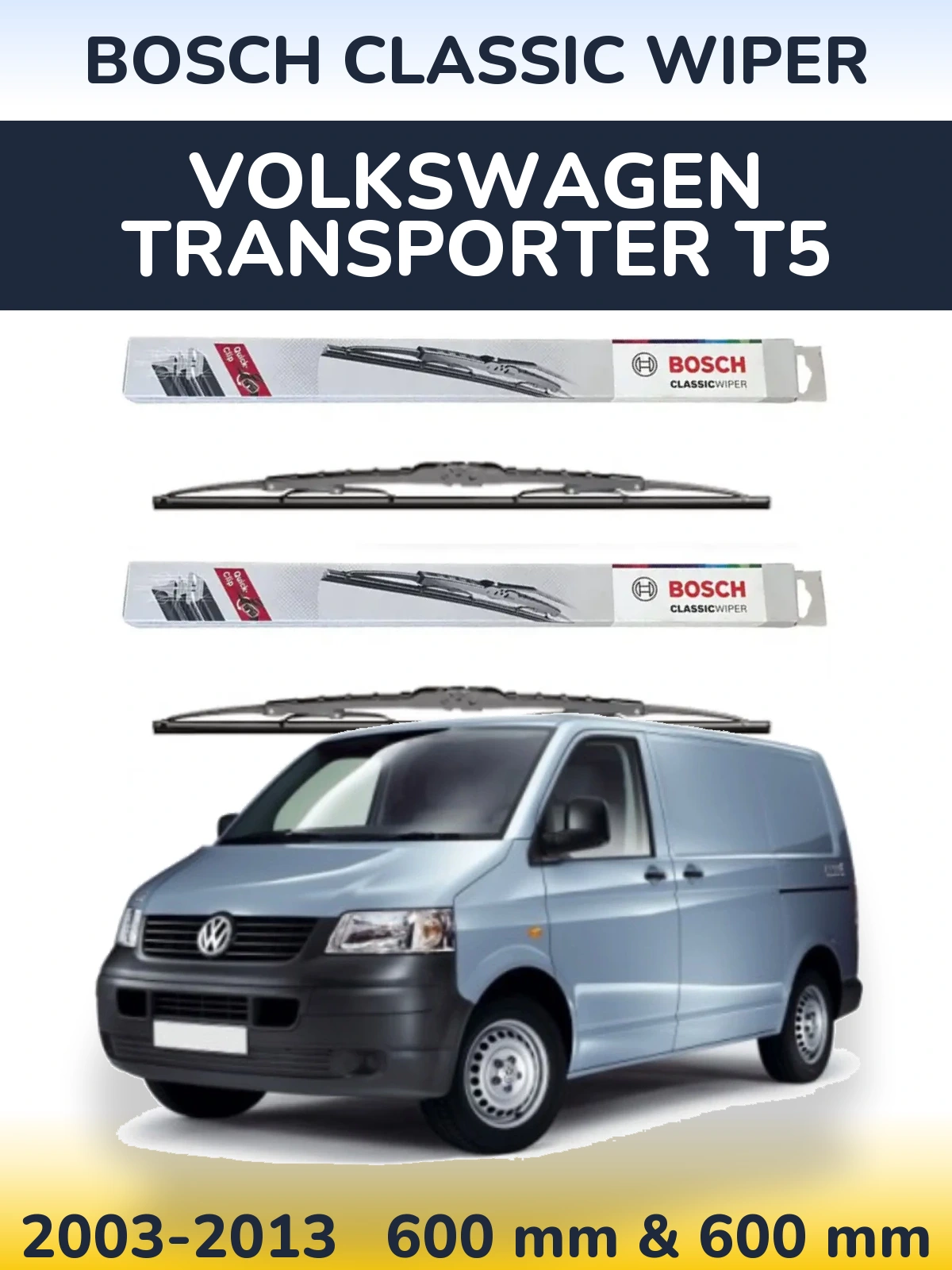 Front wiper blade set BOSCH Classic Wiper 600 & 600 mm for Volkswagen Transporter T5 2003-2013