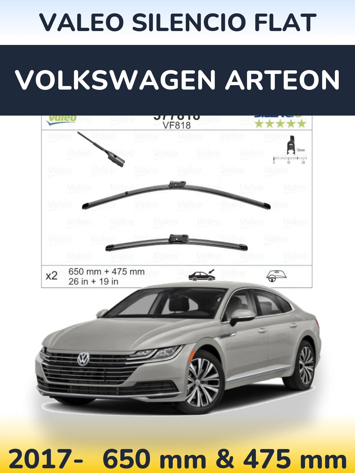 Комплект передних дворников Valeo Silencio Flat 650 & 475 мм для Volkswagen Arteon 2017-2026