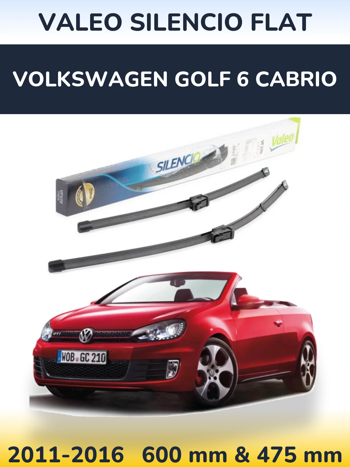 Front wiper blade set Valeo Silencio Flat 600 & 475 мм for Volkswagen Golf 6 Cabrio 2011-2016