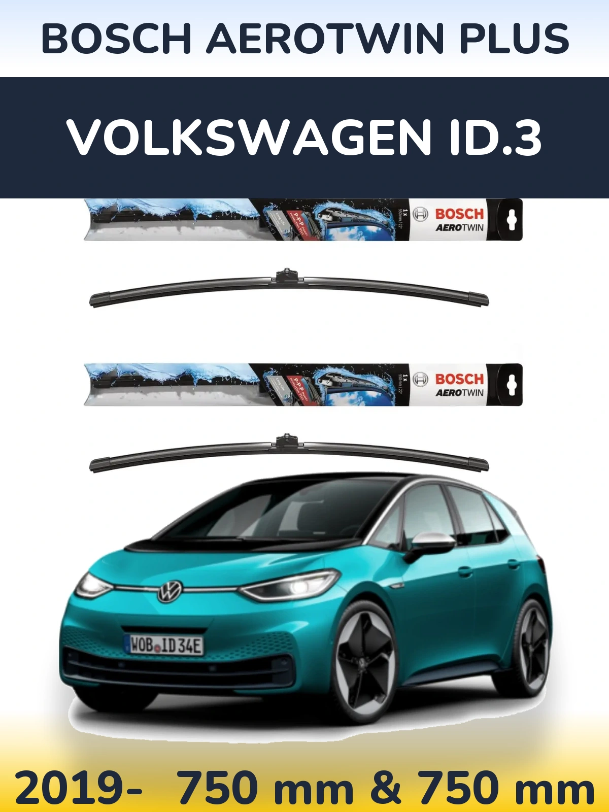 Front wiper blade set BOSCH AeroTwin Plus 750 & 750 мм for Volkswagen ID.3 2019-2026