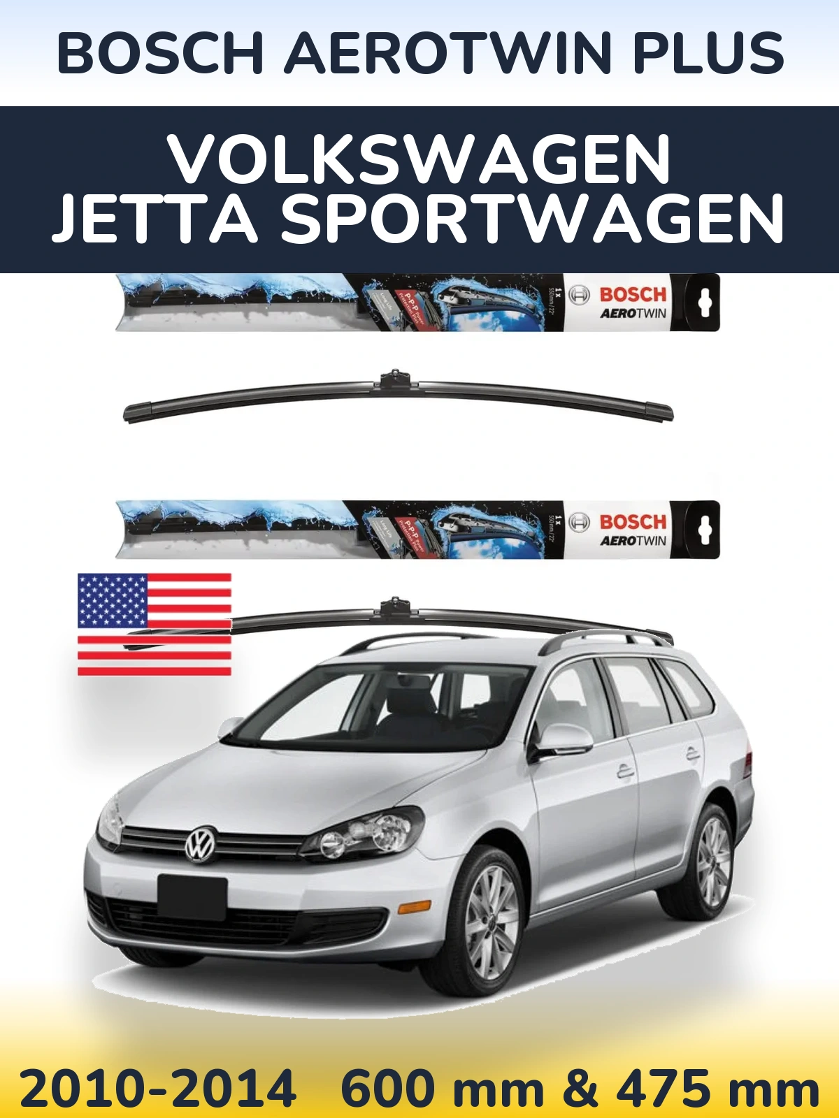 Комплект передних дворников BOSCH AeroTwin Plus 600 & 475 мм для Volkswagen Jetta SportWagen 2010-2014