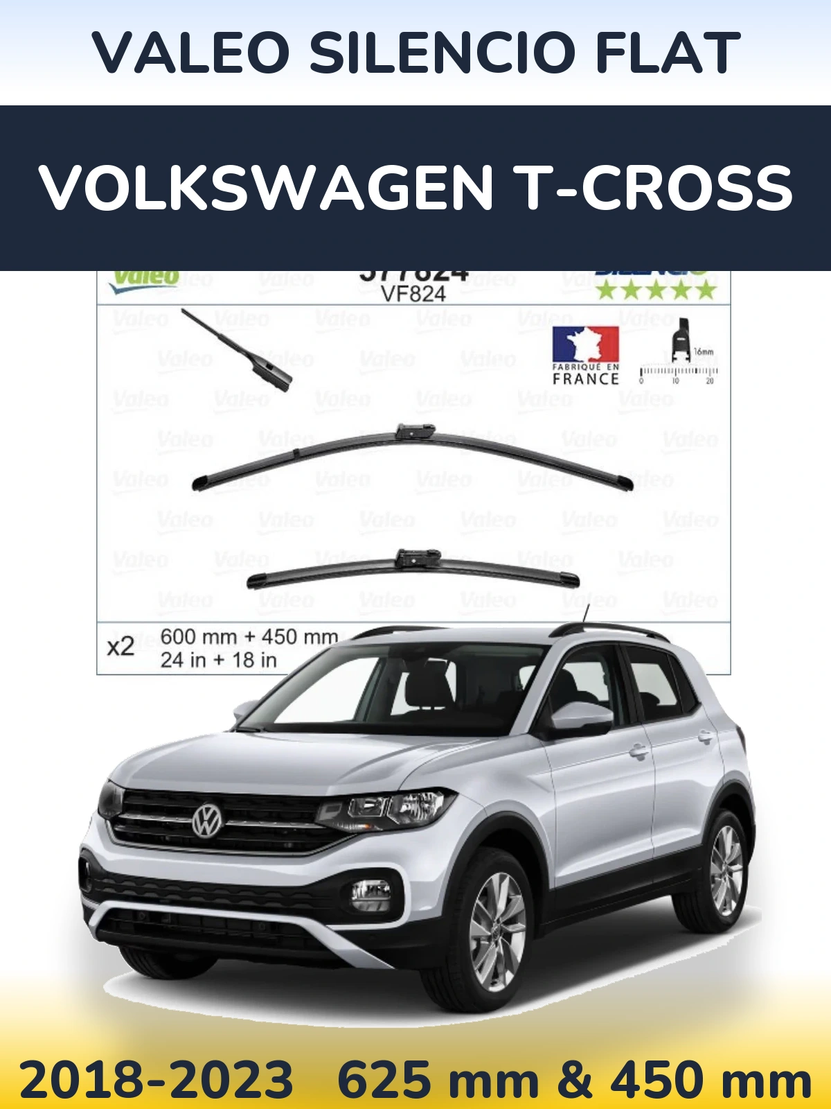 Комплект передних дворников Valeo Silencio Flat 600 & 450 мм для Volkswagen T-Cross 2018-2023
