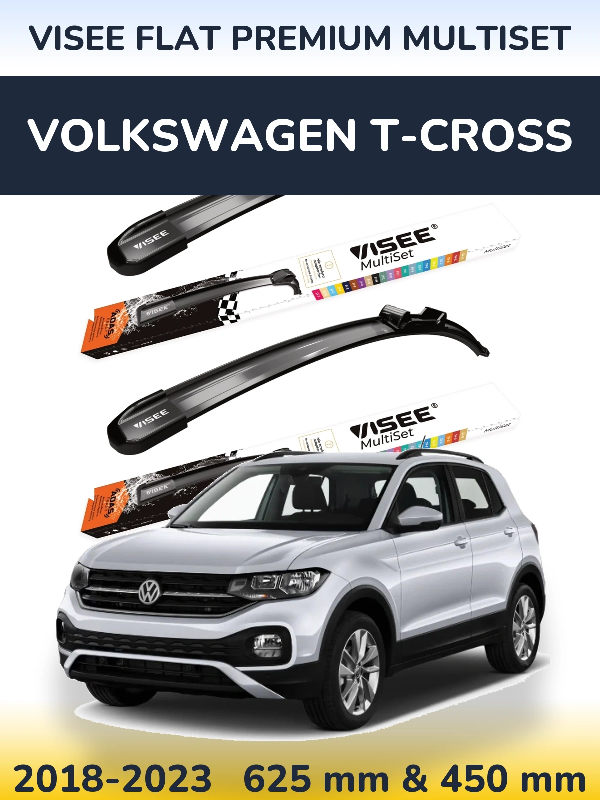 Комплект передних дворников VISEE FLAT PREMIUM MultiSet 630 & 450 мм для Volkswagen T-Cross 2018-2023