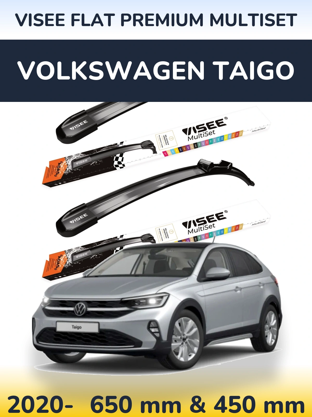 Front wiper blade set VISEE FLAT PREMIUM MultiSet 650 & 450 mm for Volkswagen Taigo 2020-2026