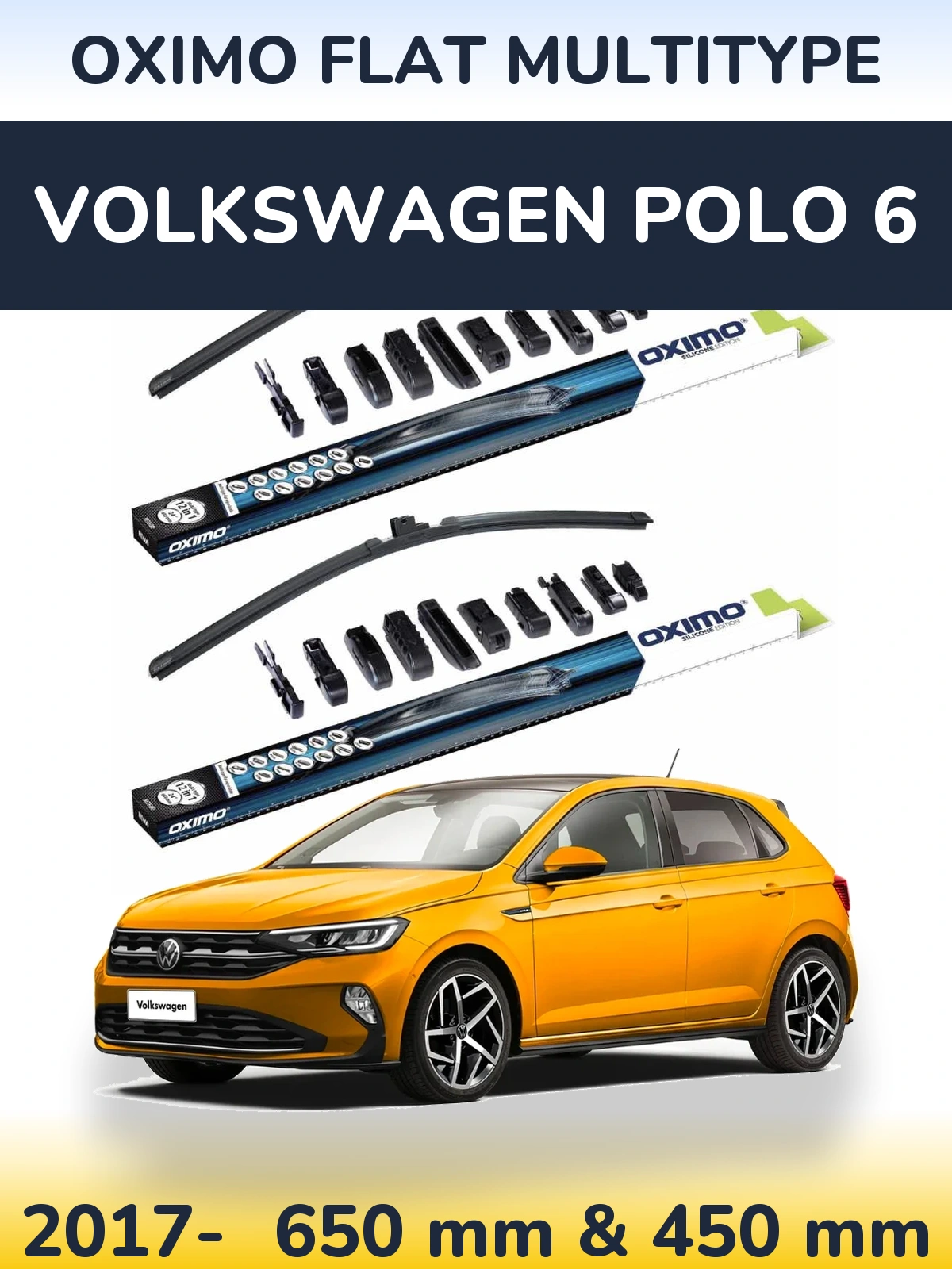 Front wiper blade set Oximo Flat MultiTypee 650 & 450 mm for Volkswagen Polo 6 2017-2026