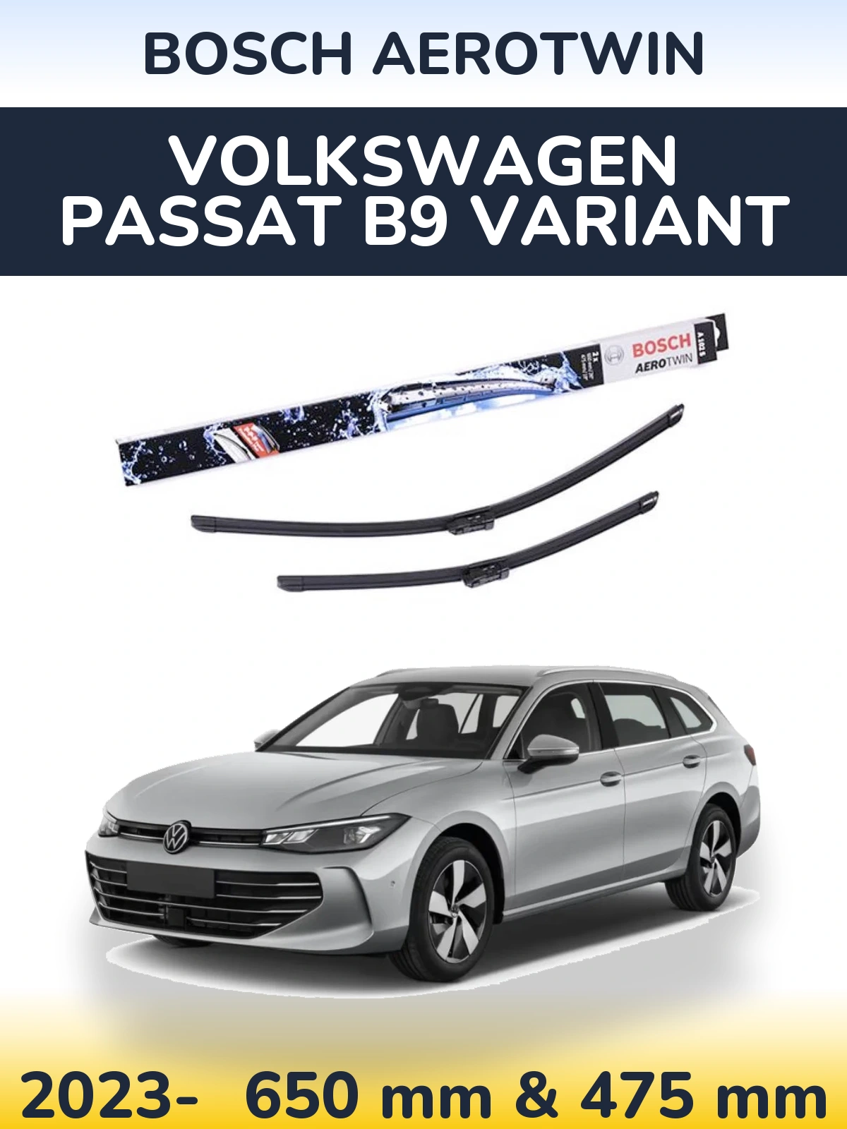 Комплект передних дворников BOSCH AeroTwin 650 & 475 мм для Volkswagen Passat B9 Variant 2023-2026