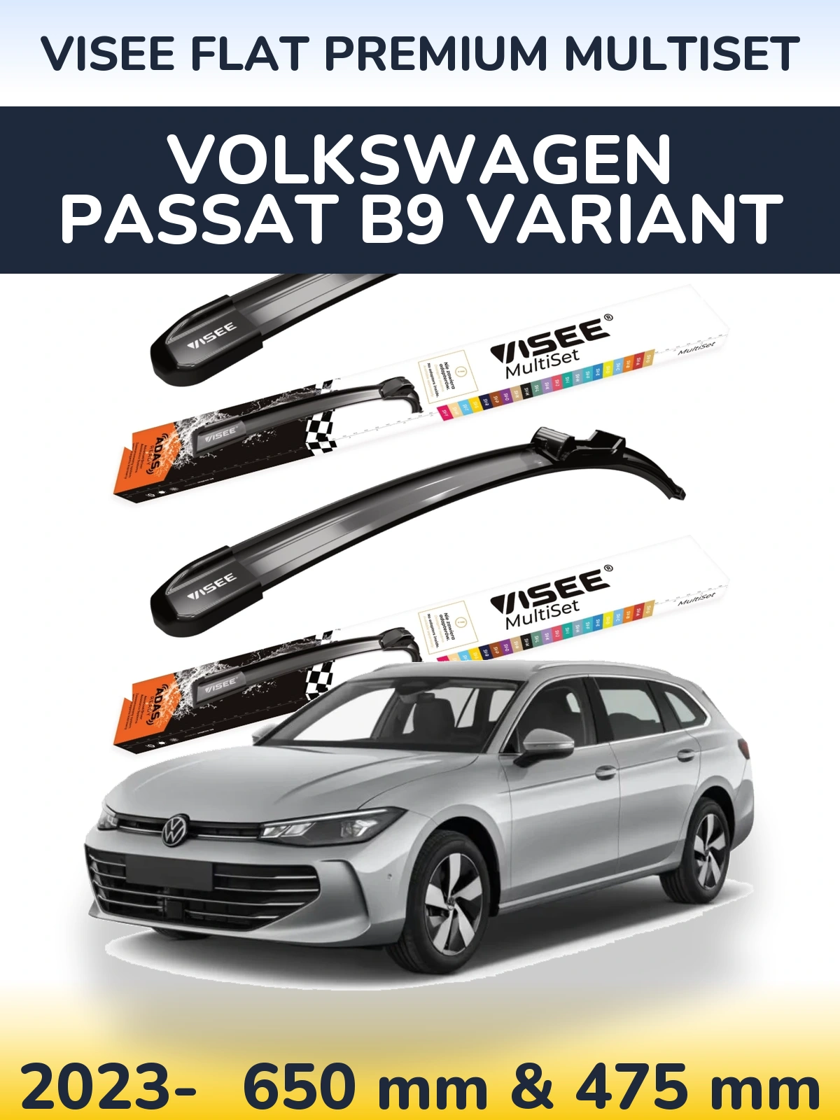 Комплект передніх щіток VISEE FLAT PREMIUM MultiSet 650 & 475 мм для Volkswagen Passat B9 Variant 2023-2026