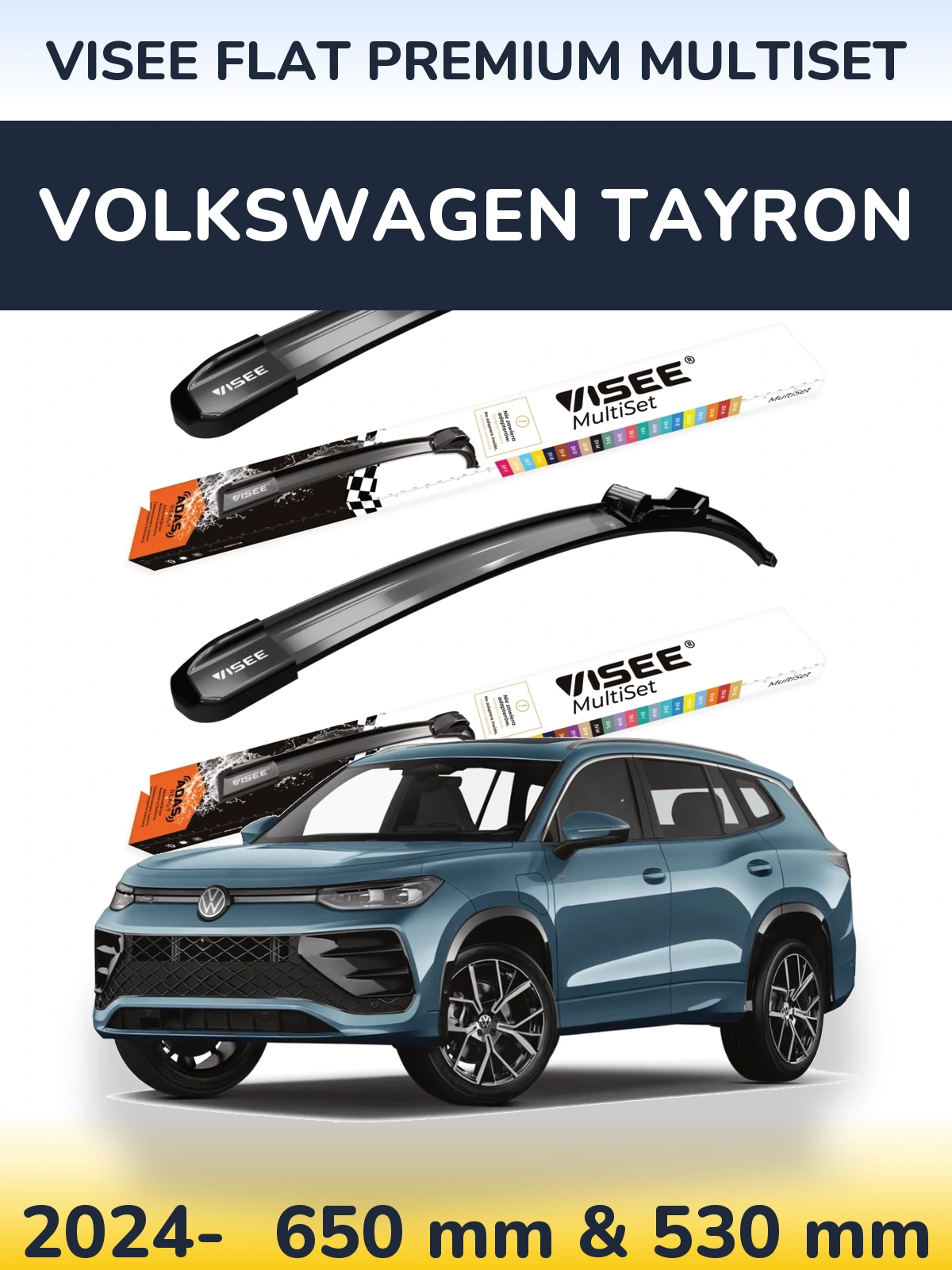 Komplet przednich wycieraczek VISEE FLAT PREMIUM MultiSet 650 & 530 mm do Volkswagen Tayron 2024-2026