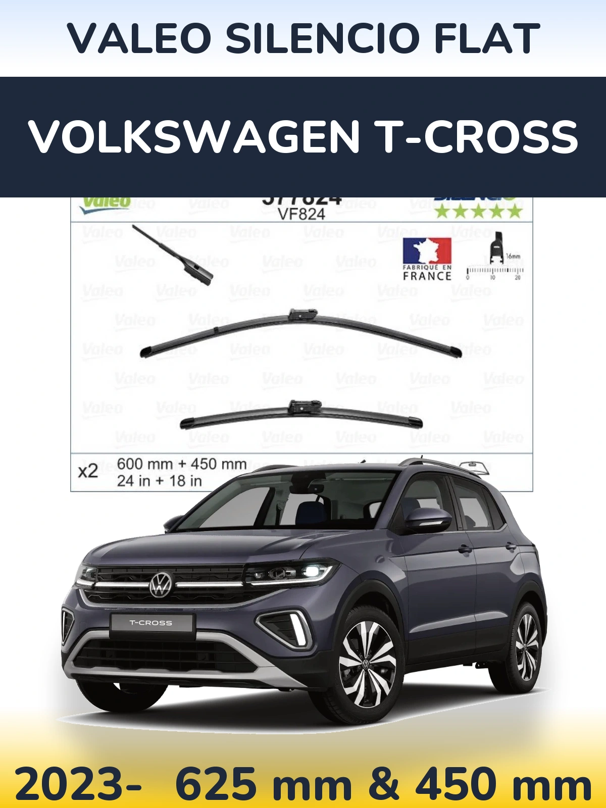 Front wiper blade set Valeo Silencio Flat 600 & 450 mm for Volkswagen T-Cross 2023-2026
