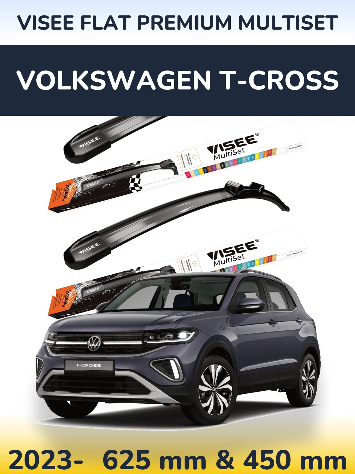 Комплект передних дворников VISEE FLAT PREMIUM MultiSet 630 & 450 мм для Volkswagen T-Cross 2023-2026