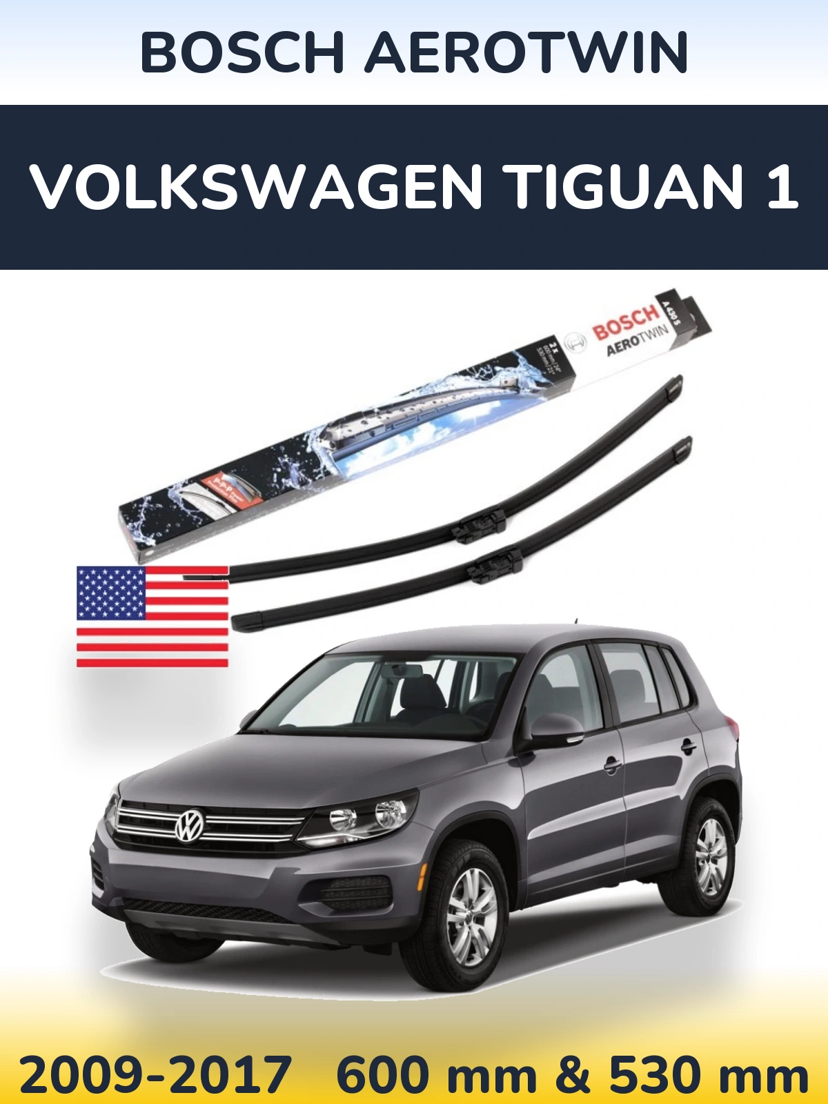 Front wiper blade set BOSCH AeroTwin 600 & 530 мм for Volkswagen Tiguan 1 2009-2017