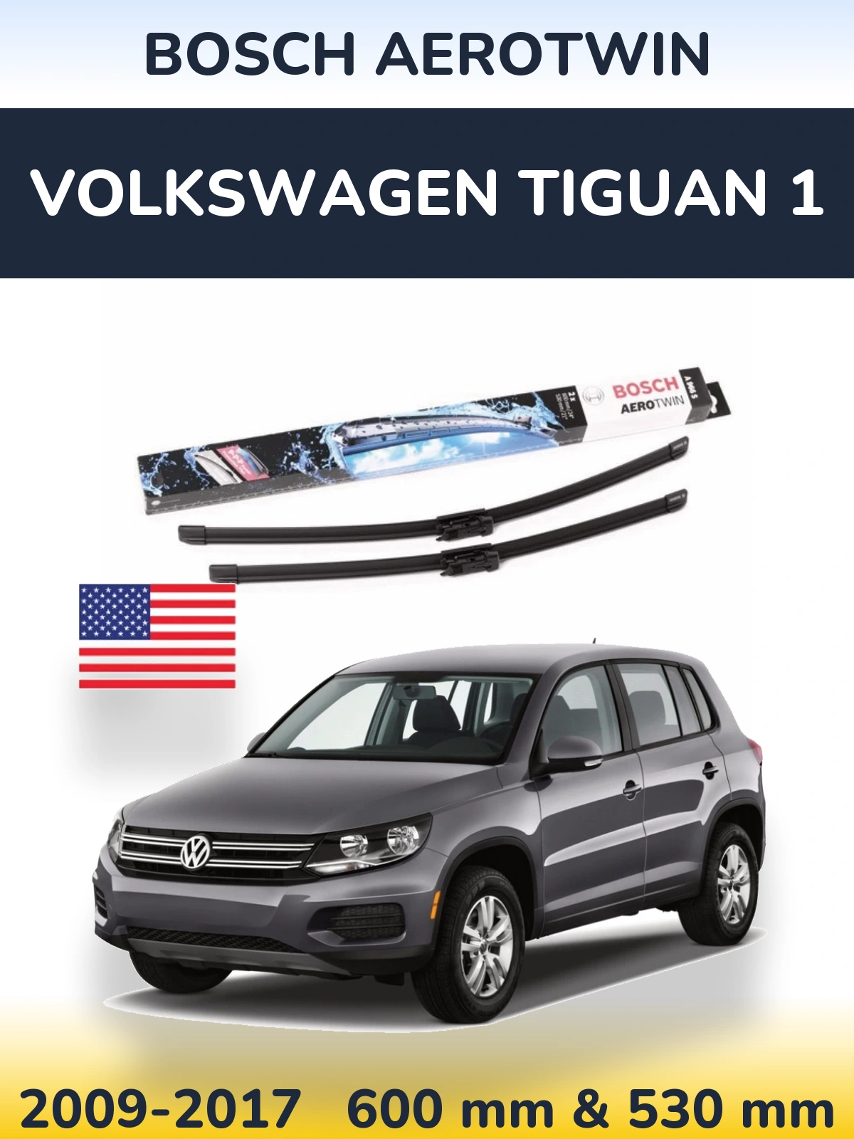 Front wiper blade set BOSCH AeroTwin 600 & 530 мм for Volkswagen Tiguan 1 2009-2017