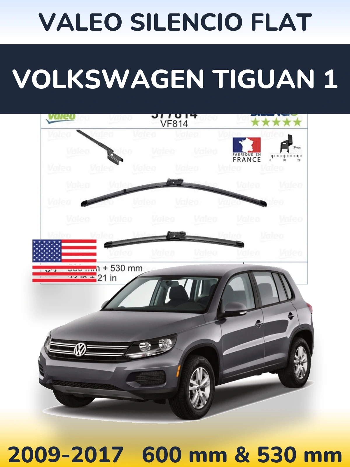 Front wiper blade set Valeo Silencio Flat 580 & 530 мм for Volkswagen Tiguan 1 2009-2017