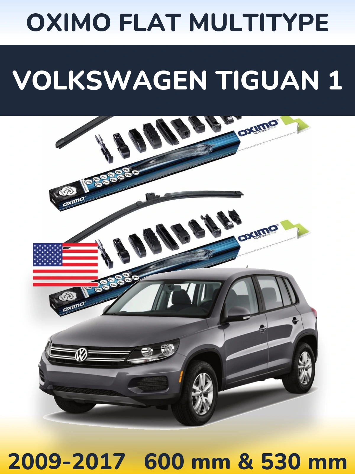 Front wiper blade set Oximo Flat MultiTypee 600 & 530 мм for Volkswagen Tiguan 1 2009-2017