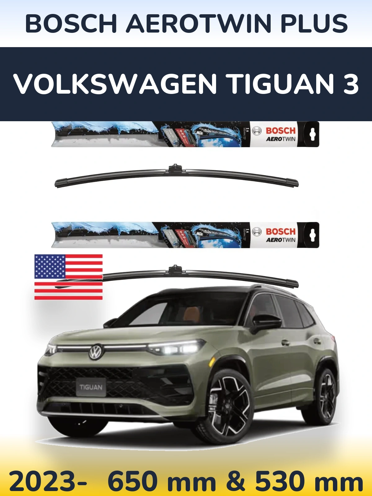 Front wiper blade set BOSCH AeroTwin Plus 650 & 530 mm for Volkswagen Tiguan 3 2023-2026