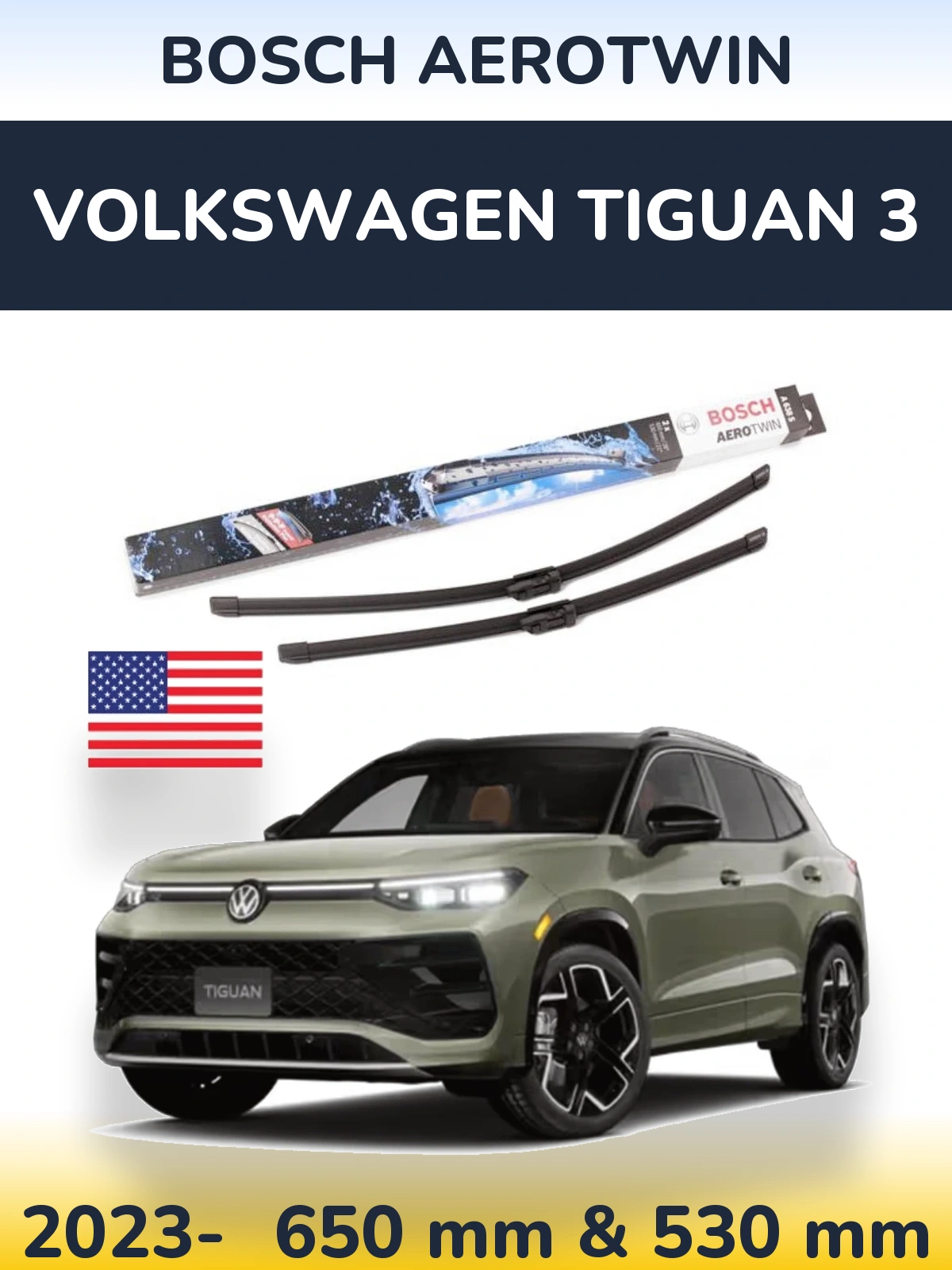Front wiper blade set BOSCH AeroTwin 650 & 530 мм for Volkswagen Tiguan 3 2023-2026
