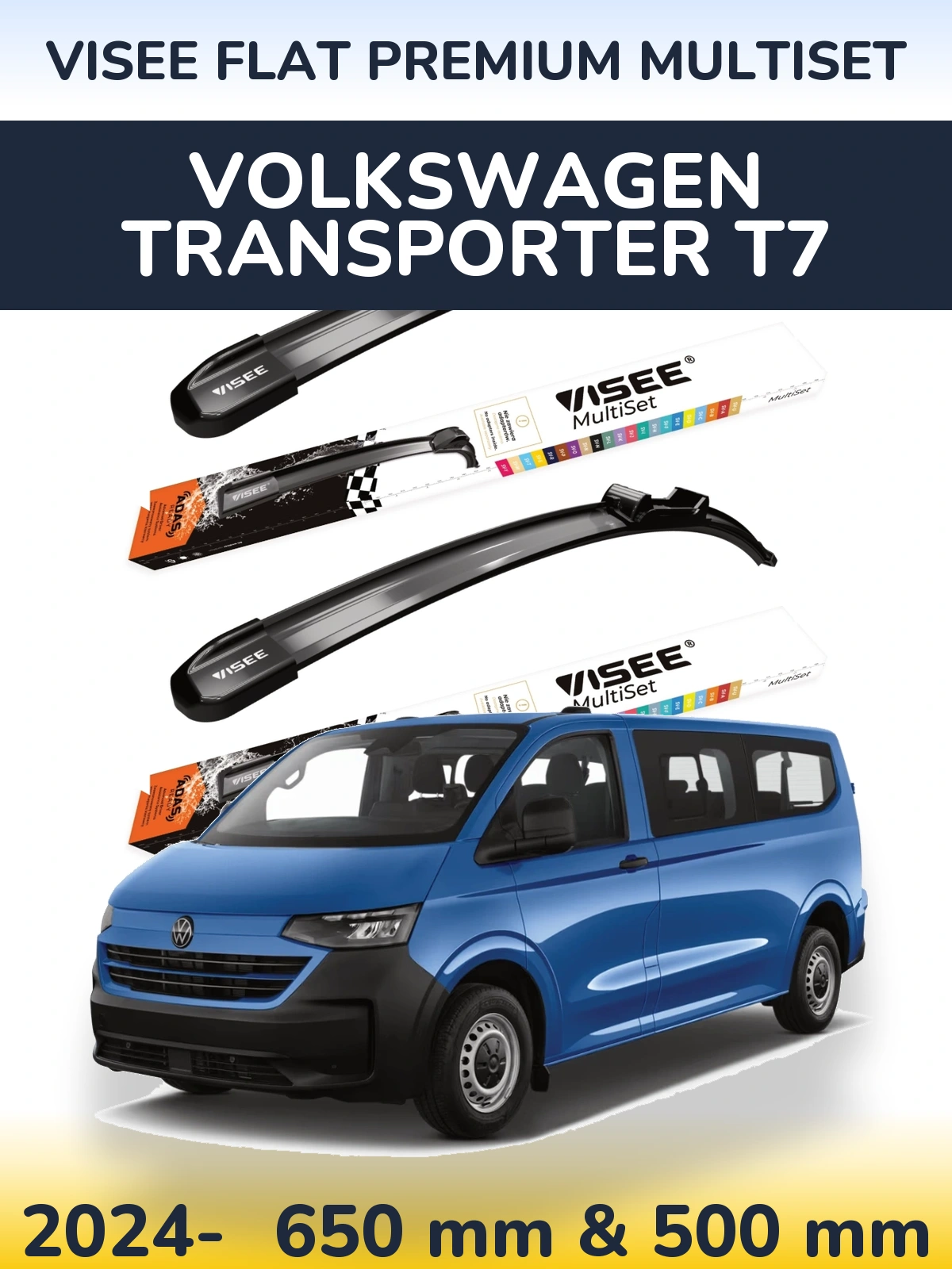Komplet przednich wycieraczek VISEE FLAT PREMIUM MultiSet 650 & 500 mm do Volkswagen Transporter T7 2024-2026