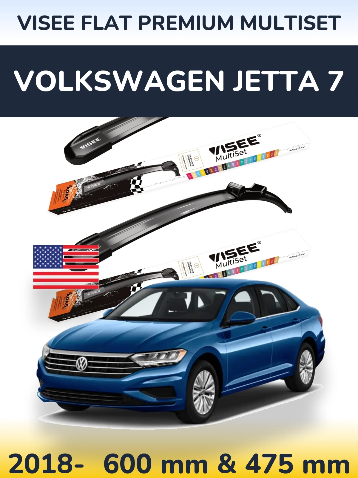 Front wiper blade set VISEE FLAT PREMIUM MultiSet 600 & 475 мм for Volkswagen Jetta 7 2018-2026