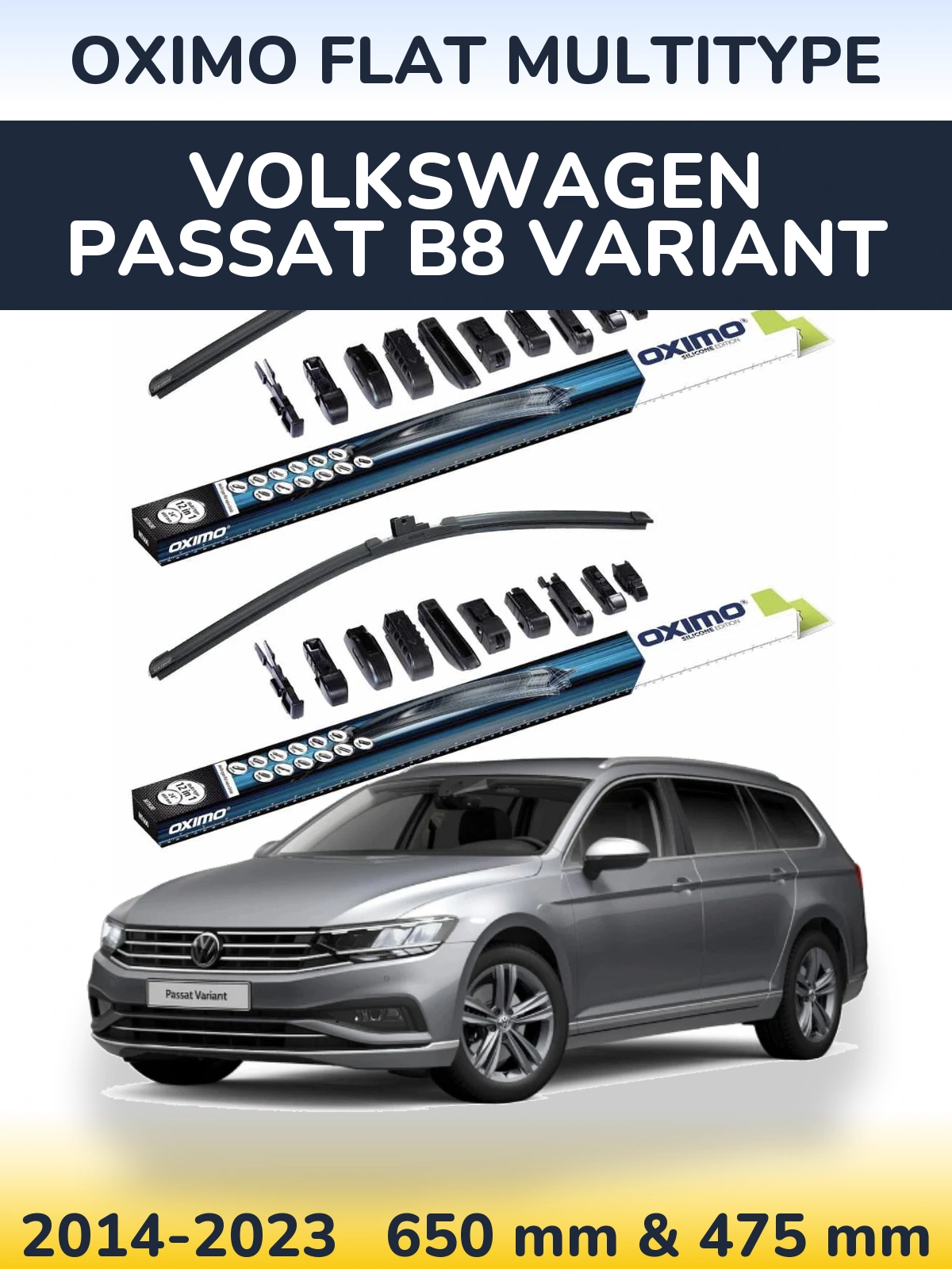 Front wiper blade set Oximo Flat MultiTypee 650 & 475 мм for Volkswagen Passat B8 Variant 2014-2023