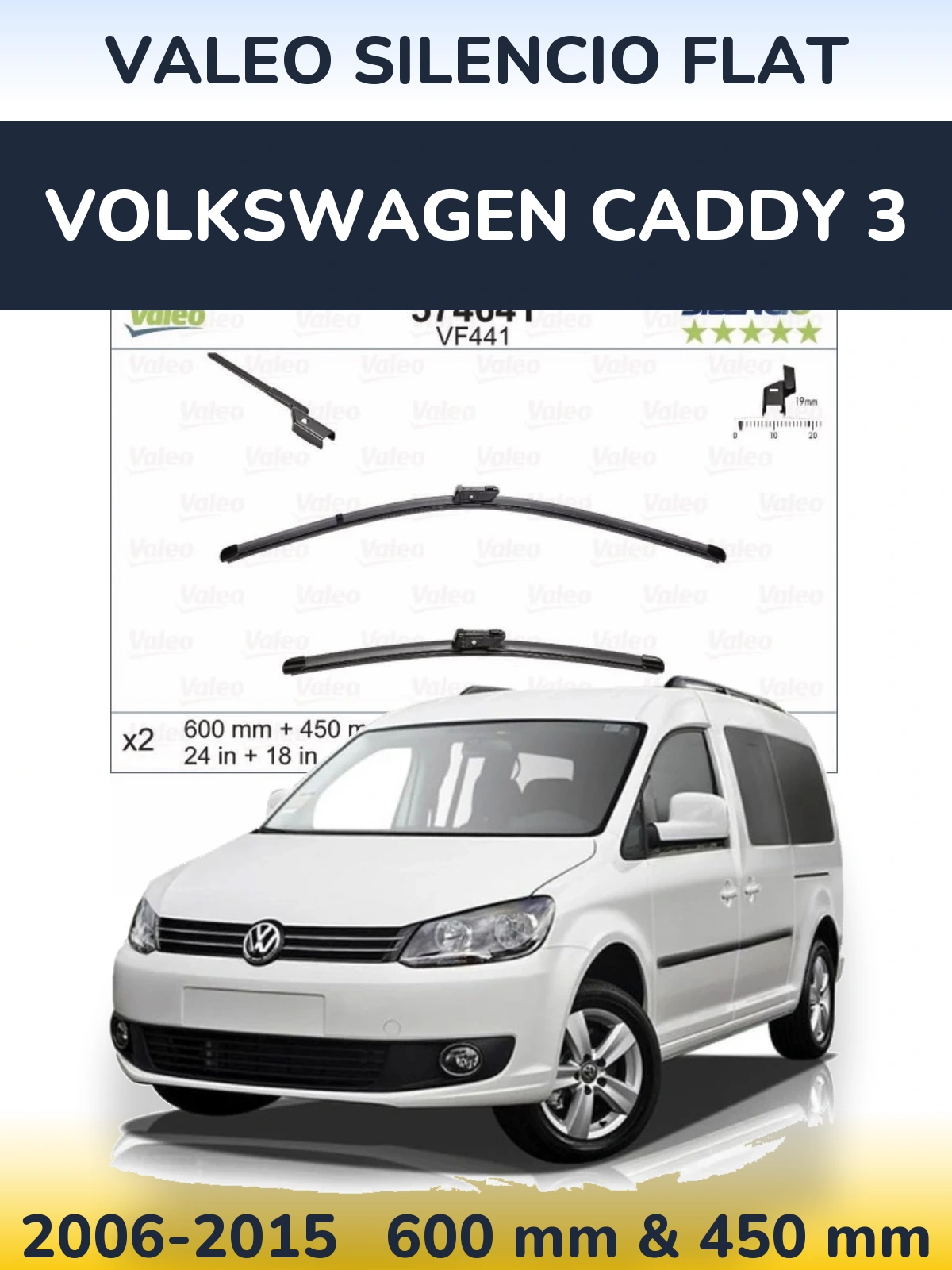 Front wiper blade set Valeo Silencio Flat 600 & 450 мм for Volkswagen Caddy 3 2006-2015