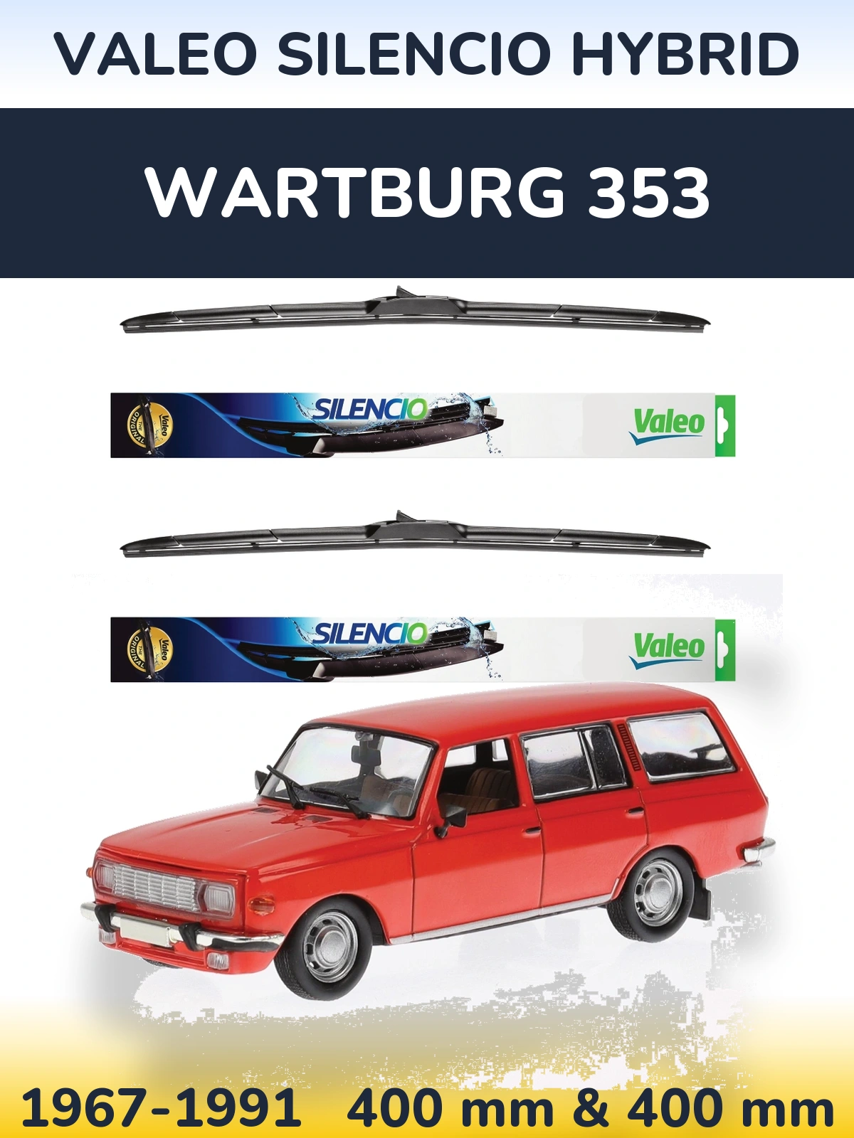 Front wiper blade set Valeo Silencio Hybrid 400 & 400 mm for Wartburg 353 1967-1991